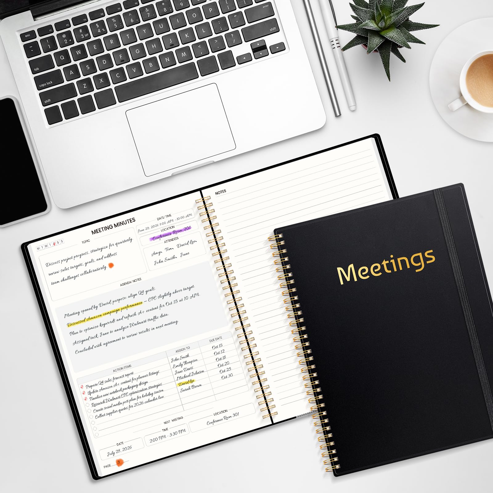 SUNEE Meeting Meeting Mezza Nota 21,6 x 27,9 cm Notebook per Lavoro - 140 pagine, formato A4 Project Planner per donne e uomini, organizer minuti per appunti riunioni, idee per ufficio/lavoro