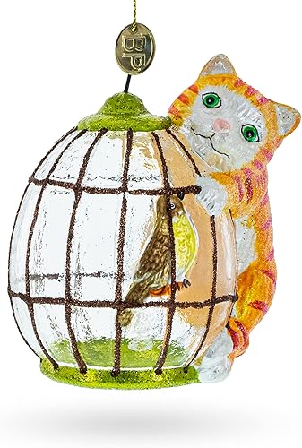 Gato caprichoso con jaula de pájaros, adorno navideño de vidrio soplado