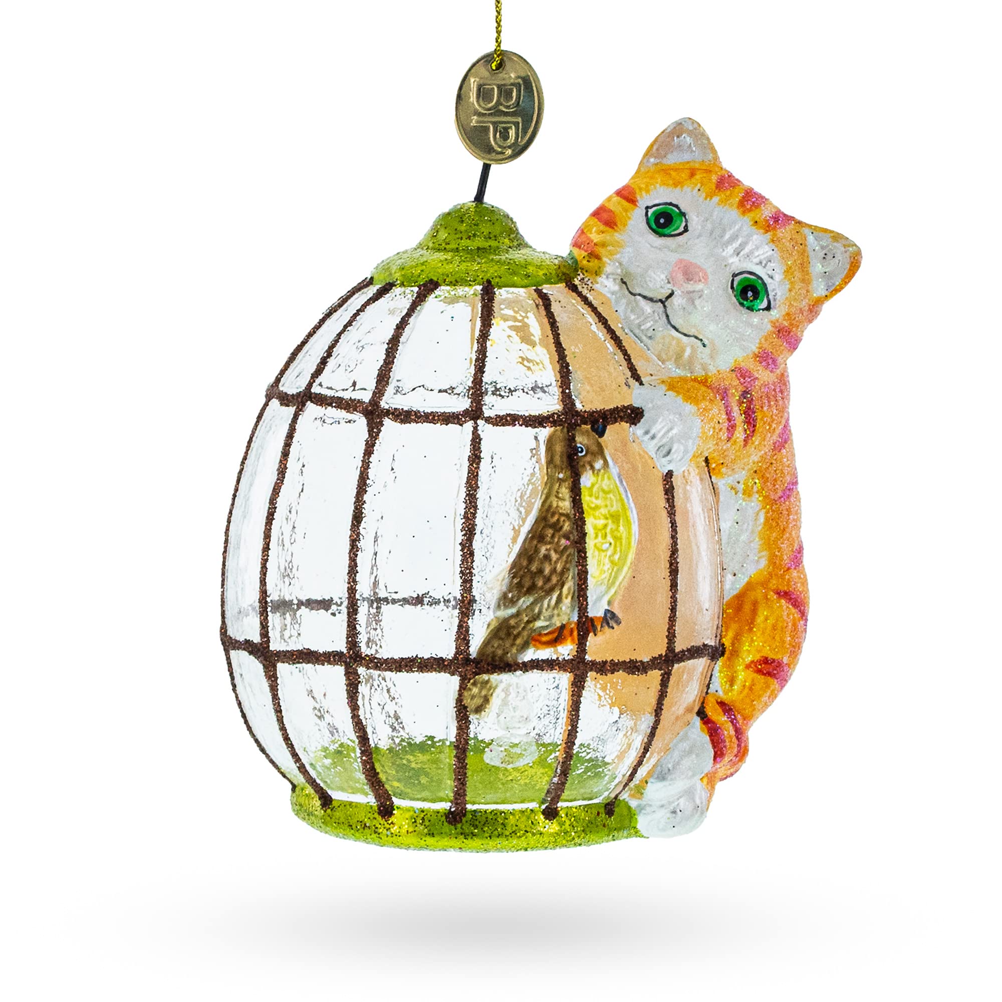 Ornement sapin chat avec cage oiseaux en verre soufflé traditionnel