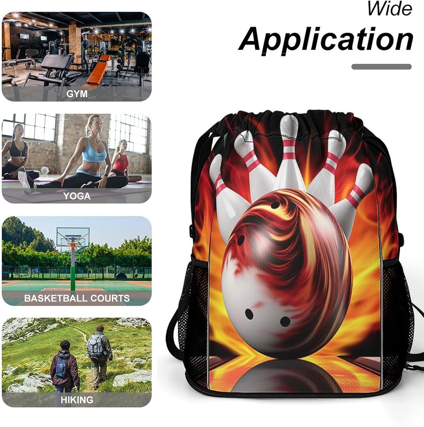 Small Gym Bag Bowling Ball Printed Drawstring Gym Bag for Men Lightweight Waterproof Drawstring Backpack for Women with Shoe Compartment for Travel Tourism Work And Fitness