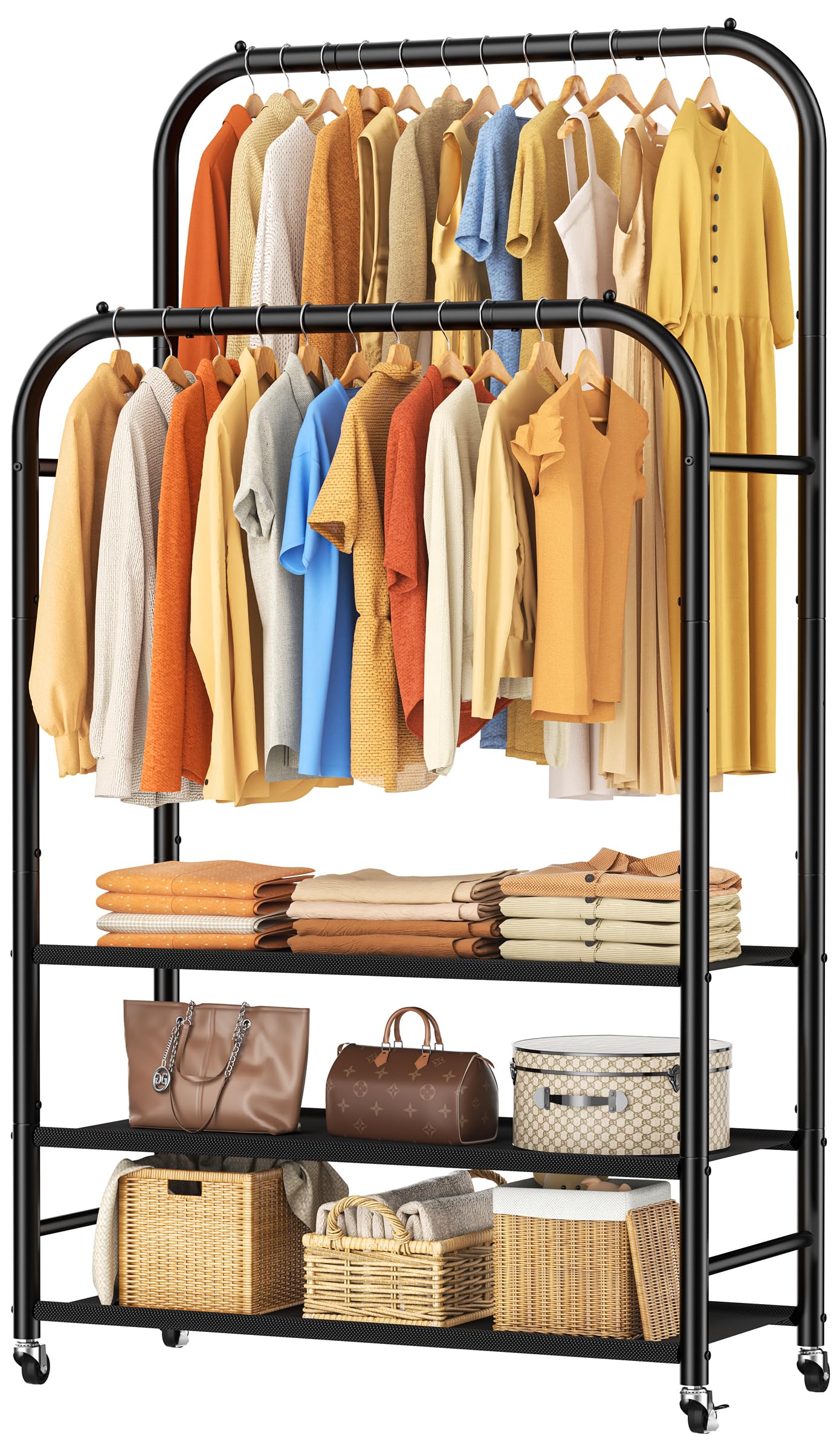 HOMIDEC Double-Rod Clothes Rail, Heavy-Duty Clothing Rail with 3-Tier Dust-proof Fabric Non-Woven Shelves, Metal Garment Rack with Wheels for Bedroom, Holds up to 80 kg, Black