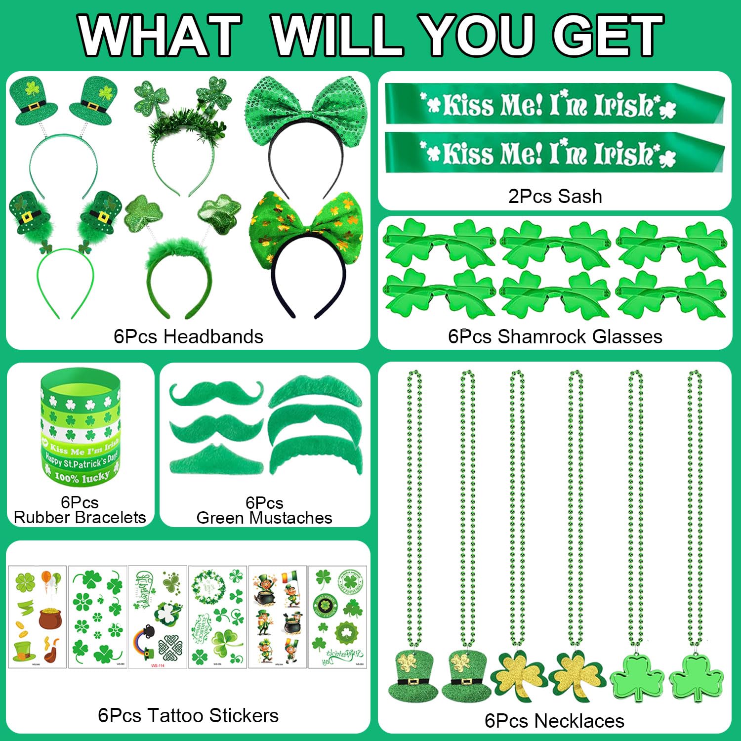 68Pcs St Patricks Day Accessories Party Supplies Set, Headband Glasses Beads Necklaces Tattoo Stickers for St Patricks Day Costume Party - 2