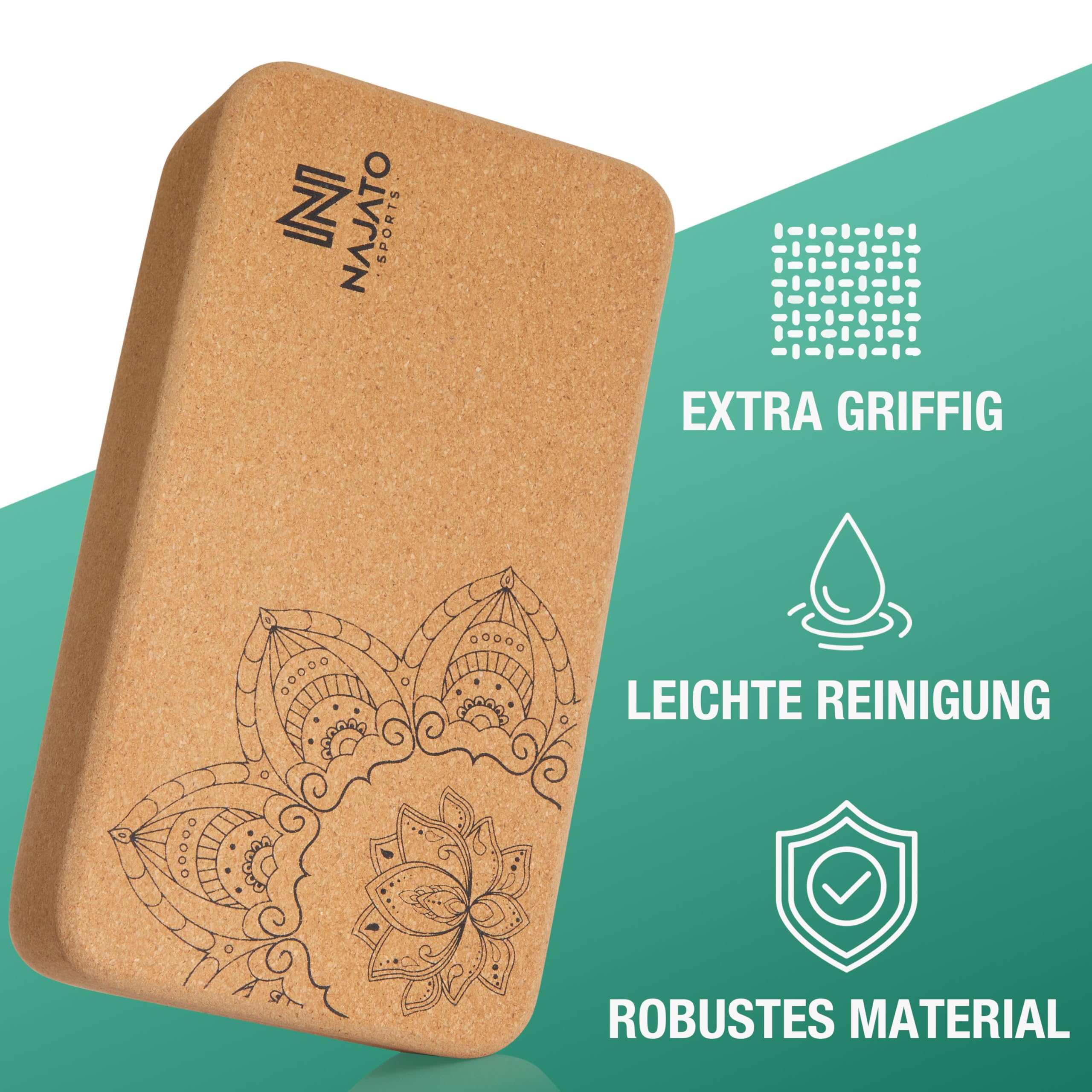 NAJATO Sports Yoga Block Kork 2er Set – Yogablock inkl. E-Book (PDF Datei) – Yogaklotz für Pilates und Meditation – Aus natürlichem Material
