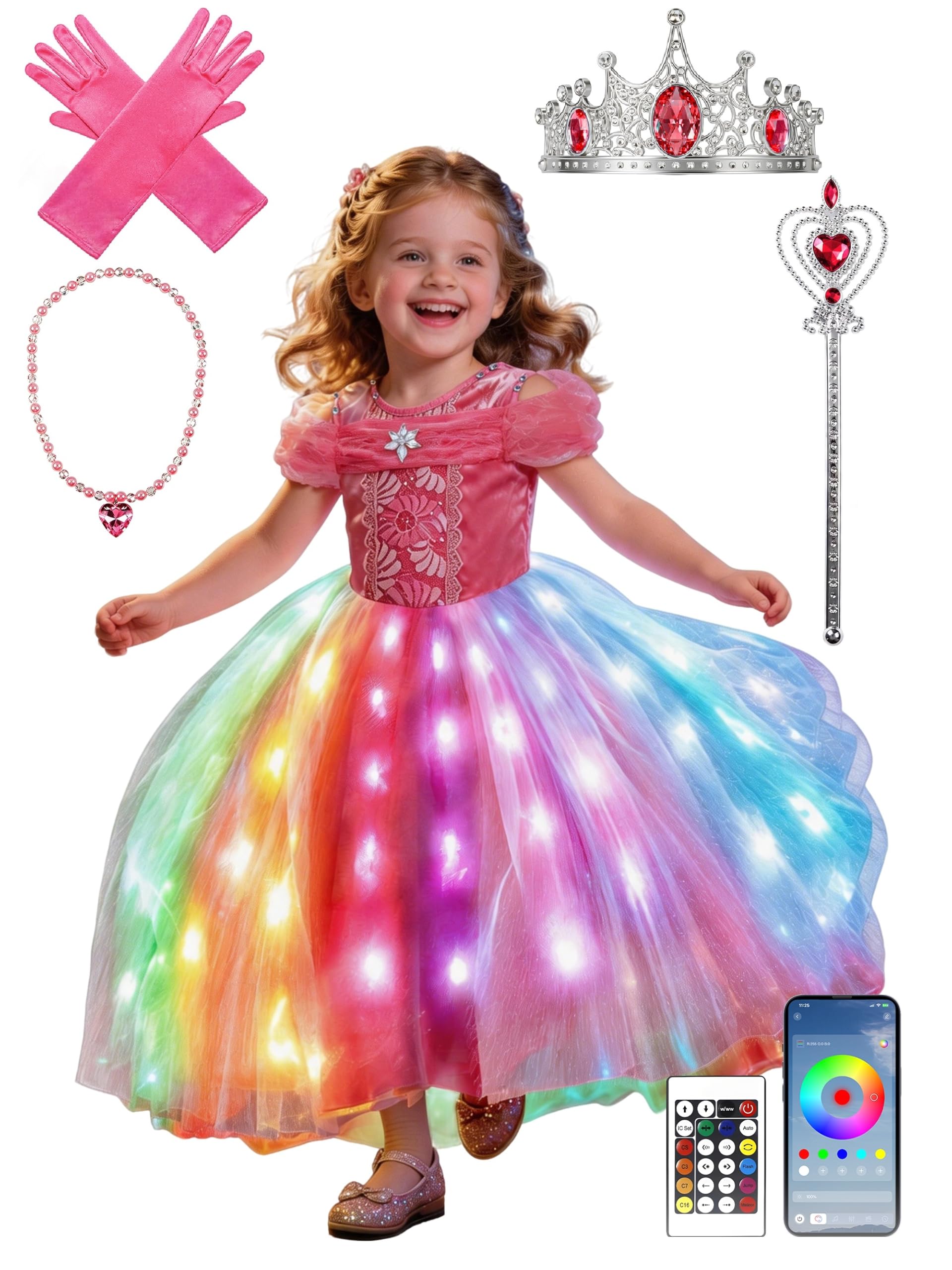 Light up princess dress for toddler girls with app control LED lights and music sync ages 3 to 9