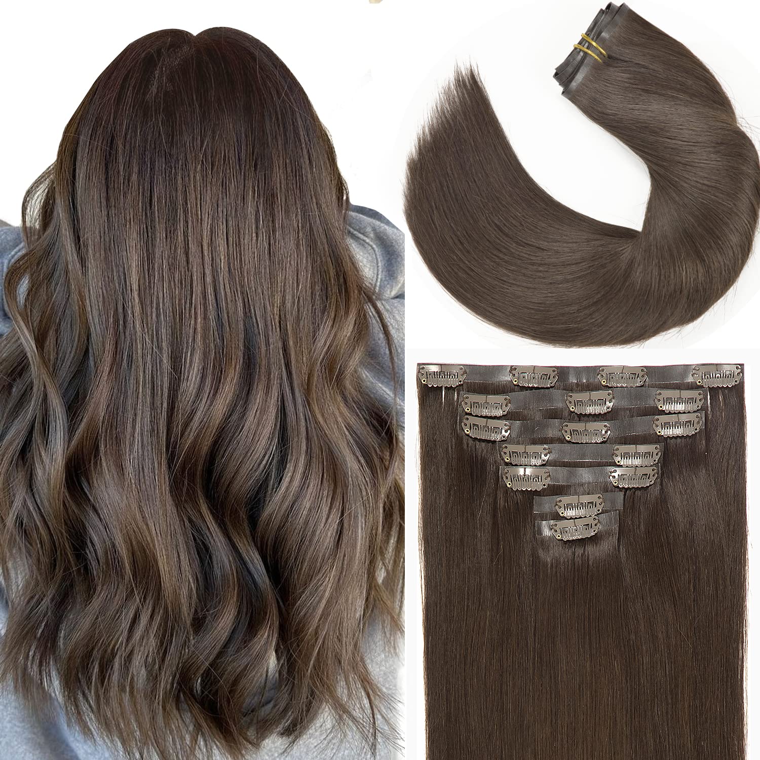 Lacer Hair Extensions Real Human Hair Seamless Clip ins Dark Brown Clip in Hair Extensions Human Hair Silicone Weft Extensions 16 Inch Clip in Human