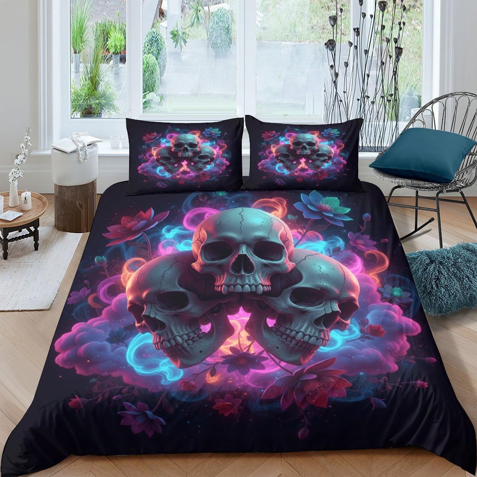 Ctjqhvkz Style-4 3D Printed Dark Skull Fitted Sheet Microfiber Soft Bedroom Decor Neon Smoke Mattress Cover For Home Guest Room Single（135X200cm）