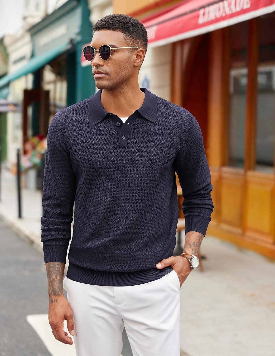 COOFANDY Men's Knit Polo Sweater Long Sleeve Casual Collared Quarter Button Golf Waffle Textured Sweater - Image 2