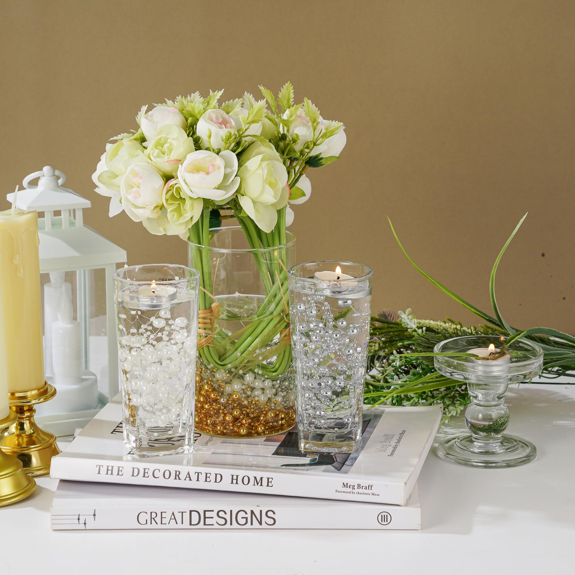 YoungJewl 13Feet Pearl String Spool Roll for Floating Candles Faux Pearls Strands Garland for Vase Filler Wedding Centerpiece Christmas Table Decor (White)