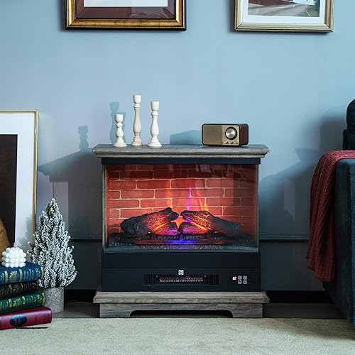Miniatura 8 de Tangkula Chimenea independiente de 27 pulgadas, calentador eléctrico de chimenea de 1400 W con llama vívida de 3 niveles y control de termostato,