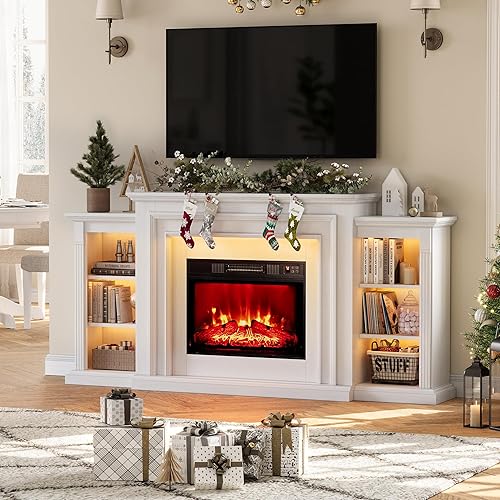 72" LED Lights Electric Fireplace with Mantel, Fireplace TV Stand for TVs Up to 80",Modern Entertainment Center with Storage, Delicate Three-Dimensional Molding with Remote Control for Living Room
