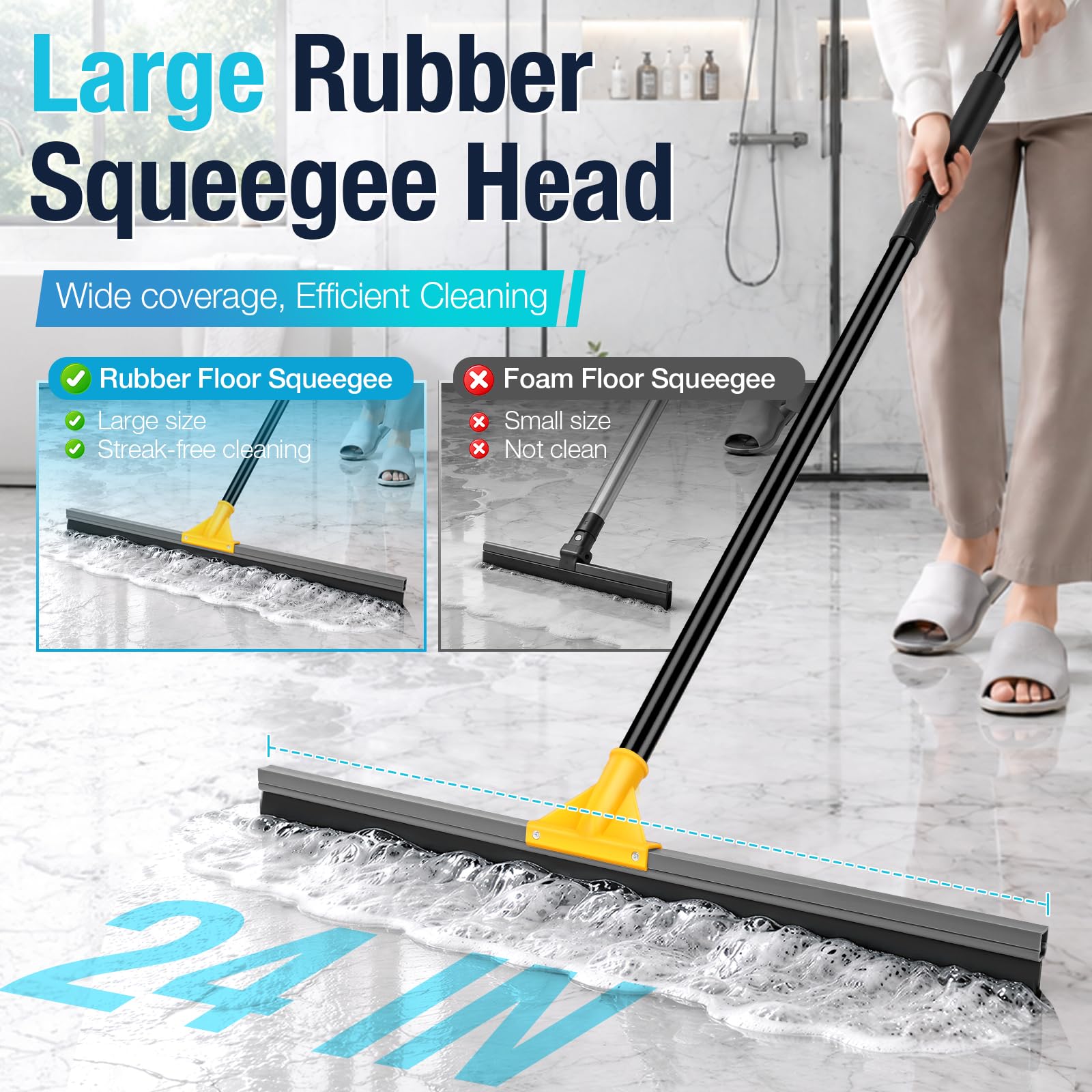 Escobilla de goma de 24 pulgadas para suelo de hormigón, escoba grande resistente con mango largo de 57 pulgadas, fregona de goma para azulejos, suelos epoxi, ventana, ducha, patio, piscina, hogar