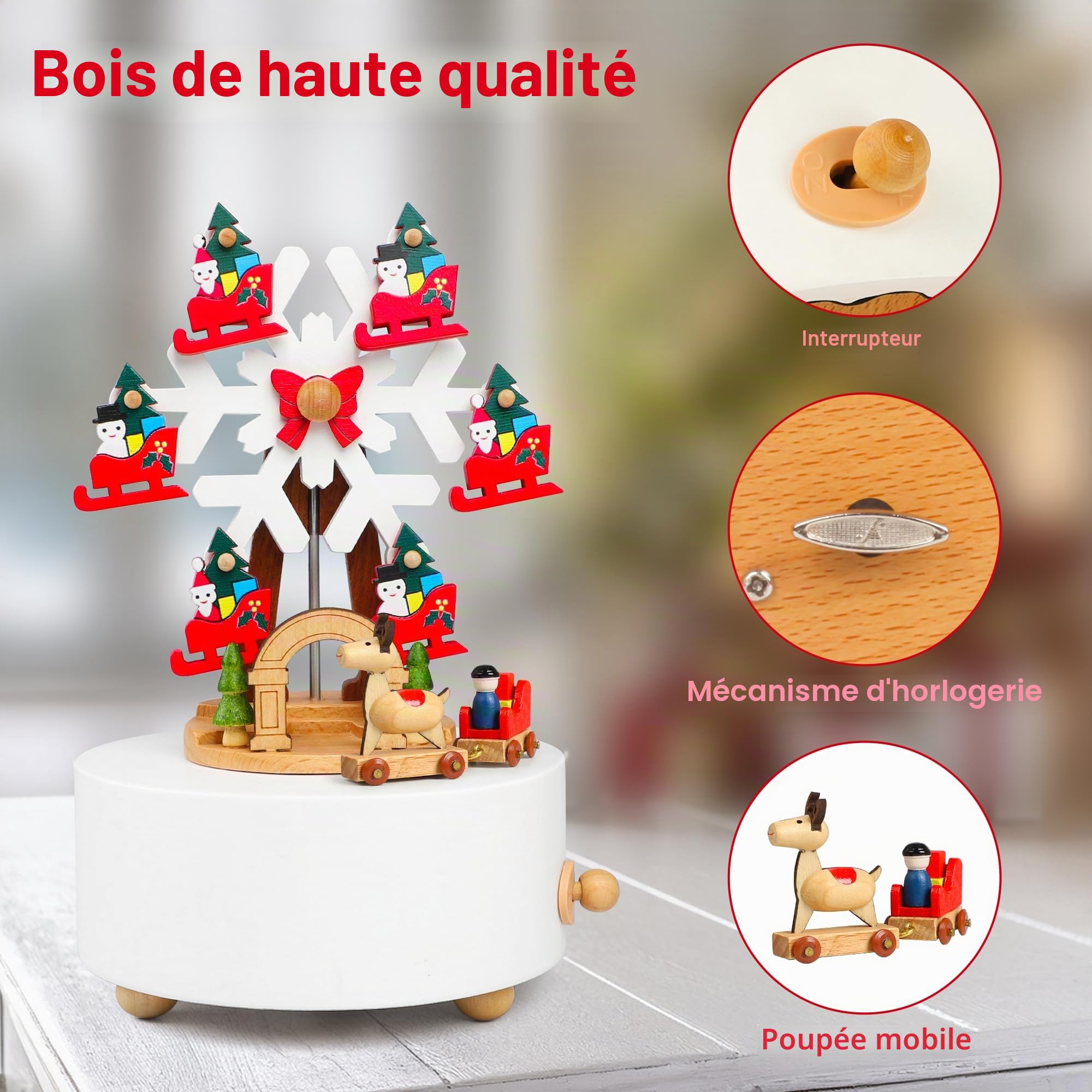 LONEEDY Boîte à musique en bois - Décoration de Noël en forme de flocon de neige - Élan personnalisé pour garçons et filles - Rotation (flocons de neige de Noël)