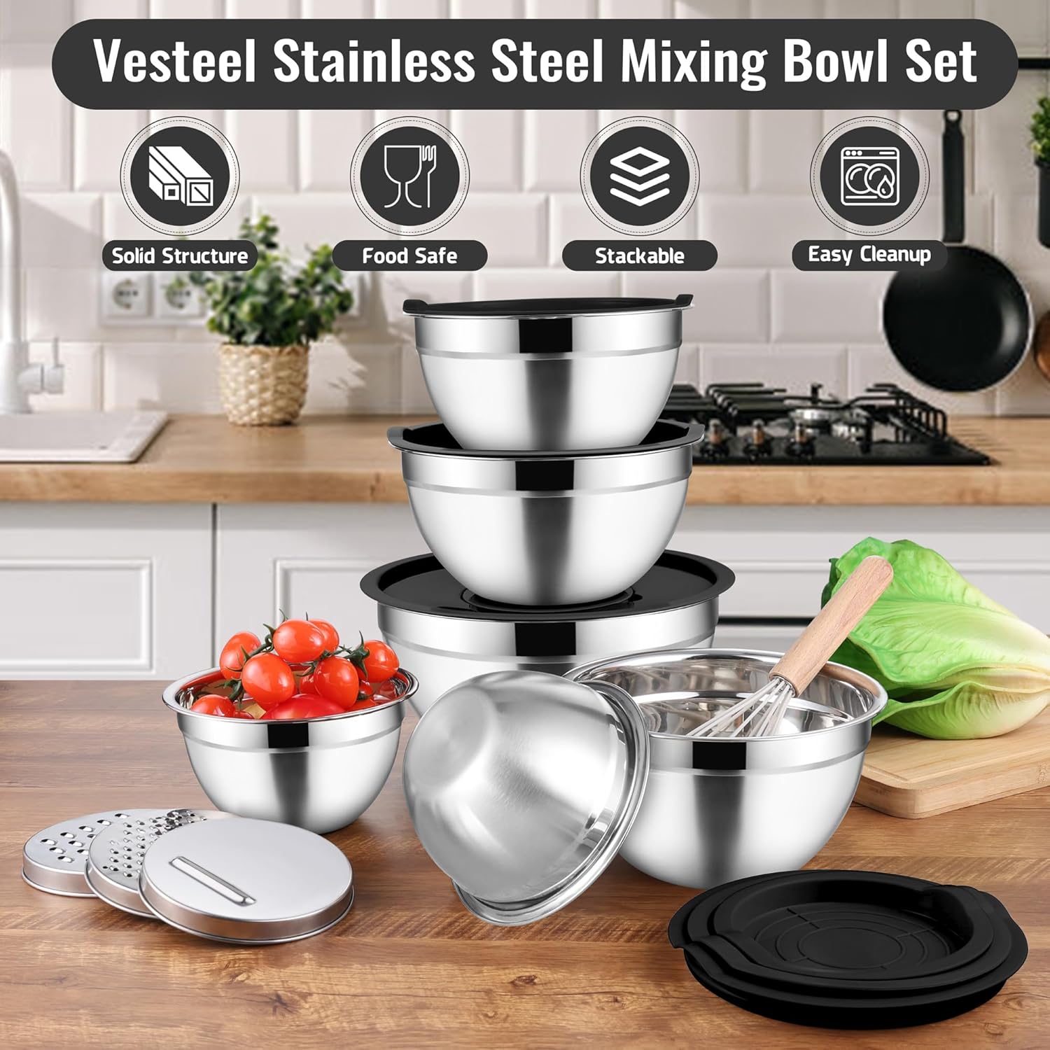 Mixing Bowls with Lids Set of 9, Vesteel Stainless Steel Mixing Bowls Metal Nesting Salad Bowls Attach with 3 Graters for Kitchen Grating/Shredding, Size 4.6, 2.6, 2, 1.5, 1, 0.7 QT - Black