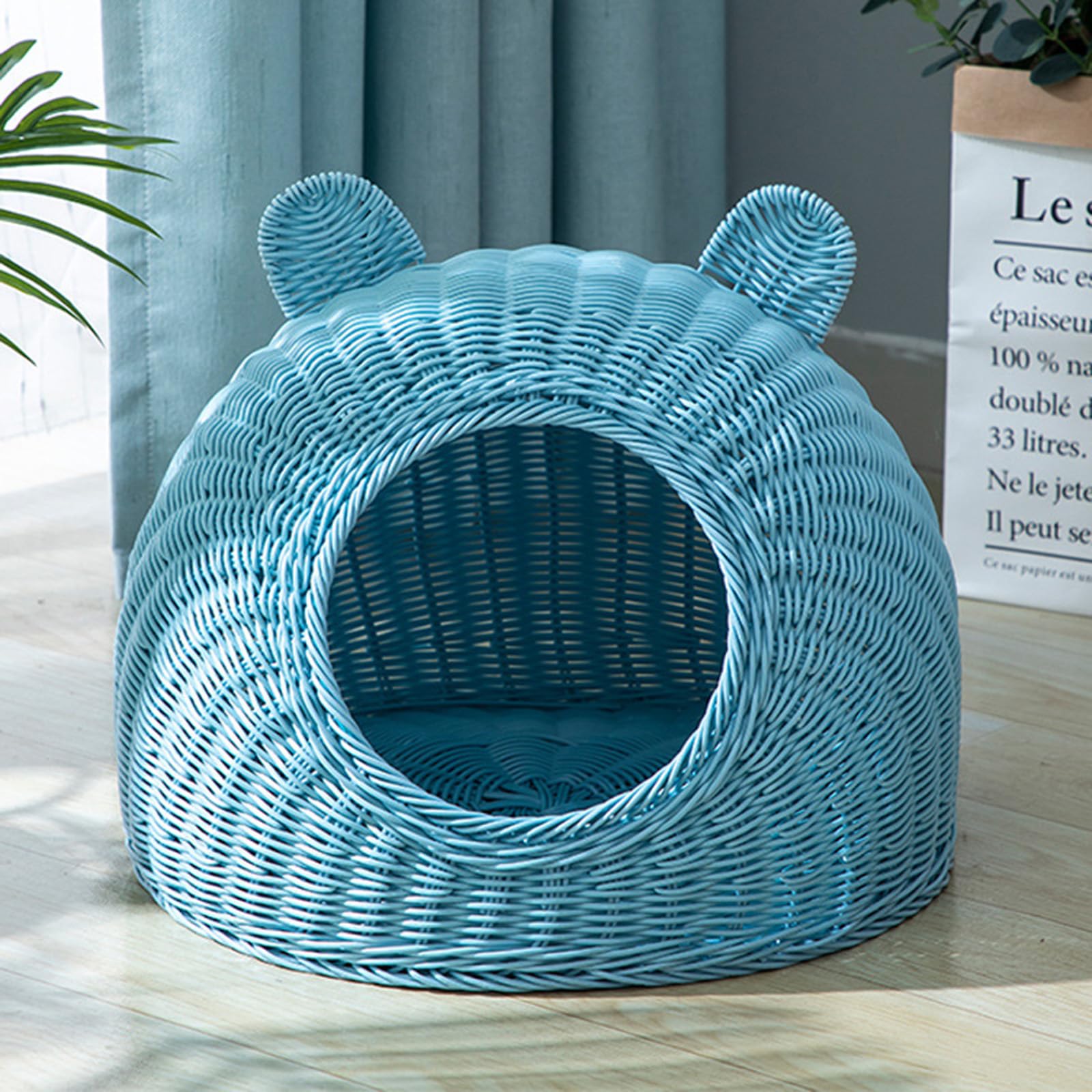 BURLOE Wicker Wicker Plastic Cat Bed for Domestic Cats, Cute Cat Ear Cat Bed Cave Handwoven Semi-Closed Cat House Rattan,Blue,25cm