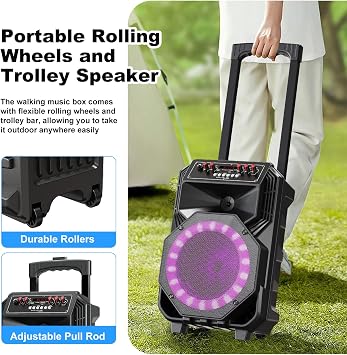Karaoke Machine with 2 Wireless Microphones, Rolling Wheels and Trolley, 8800mAh Portable Bluetooth Speaker, PA System with Lights, Bass/Treble/Echo Adjustment for Party, Indoor and Outdoor