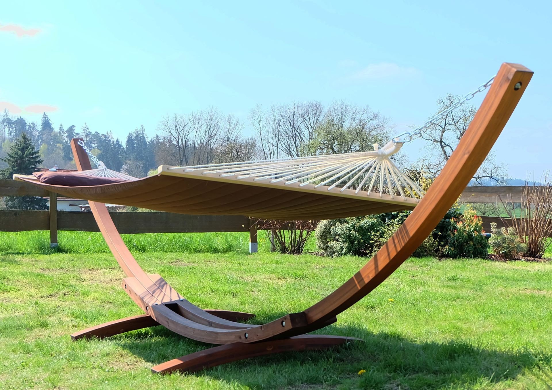ALEOS. AS-S Stand du hamac mélèze Bois XXL 410 cm de Luxe avec hamac ÉDITION FILL CAFÉ (rembourré) avec Hamac