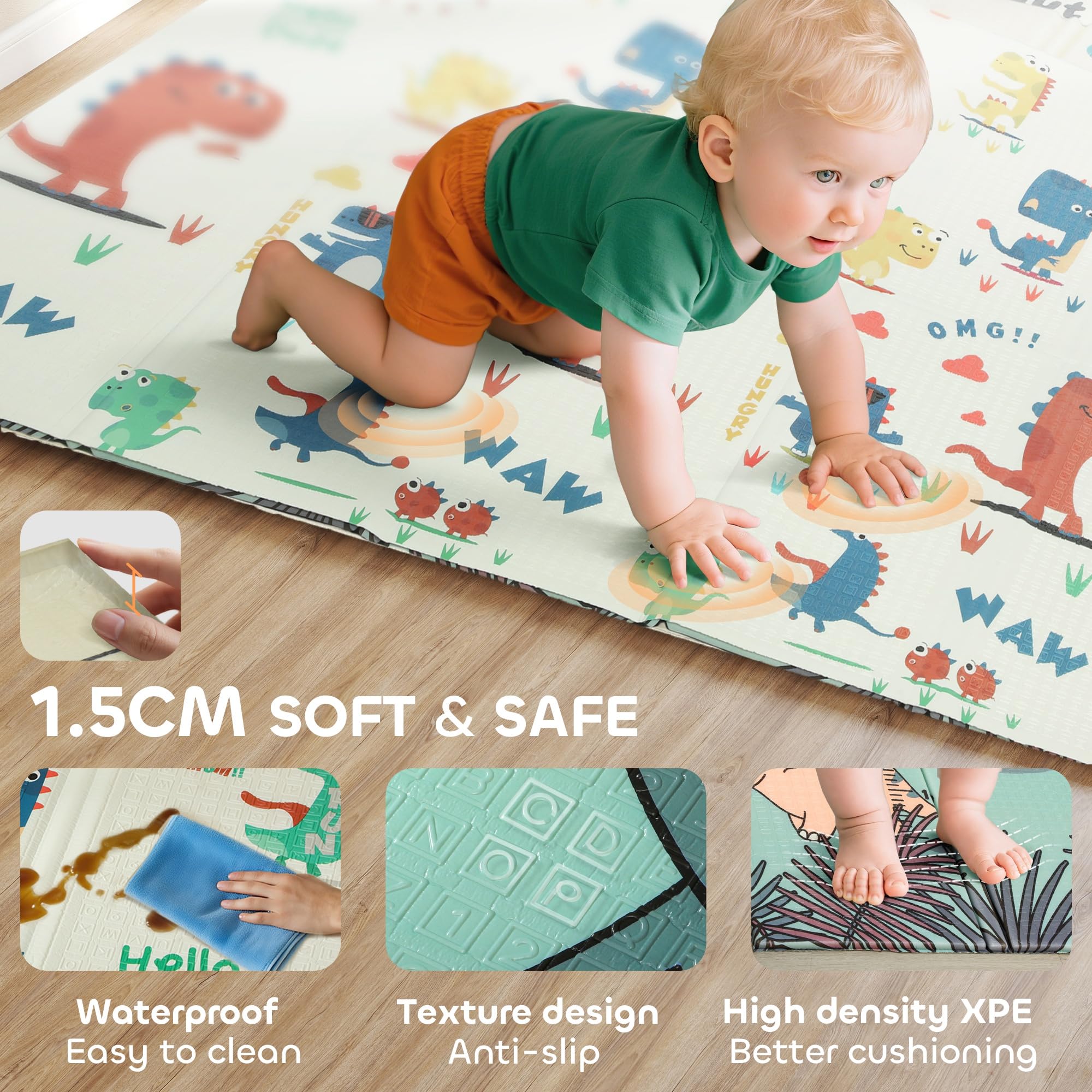 AIYAPLAY Baby-Spielmatte faltbar 177 x 146 x 1,5 cm Dinosaurier-Motiv | Doppelseitig, wendbare Spielmatte, wasserdichte Schaumstoff-Krabbelmatte, für Innen & Außen Picknick