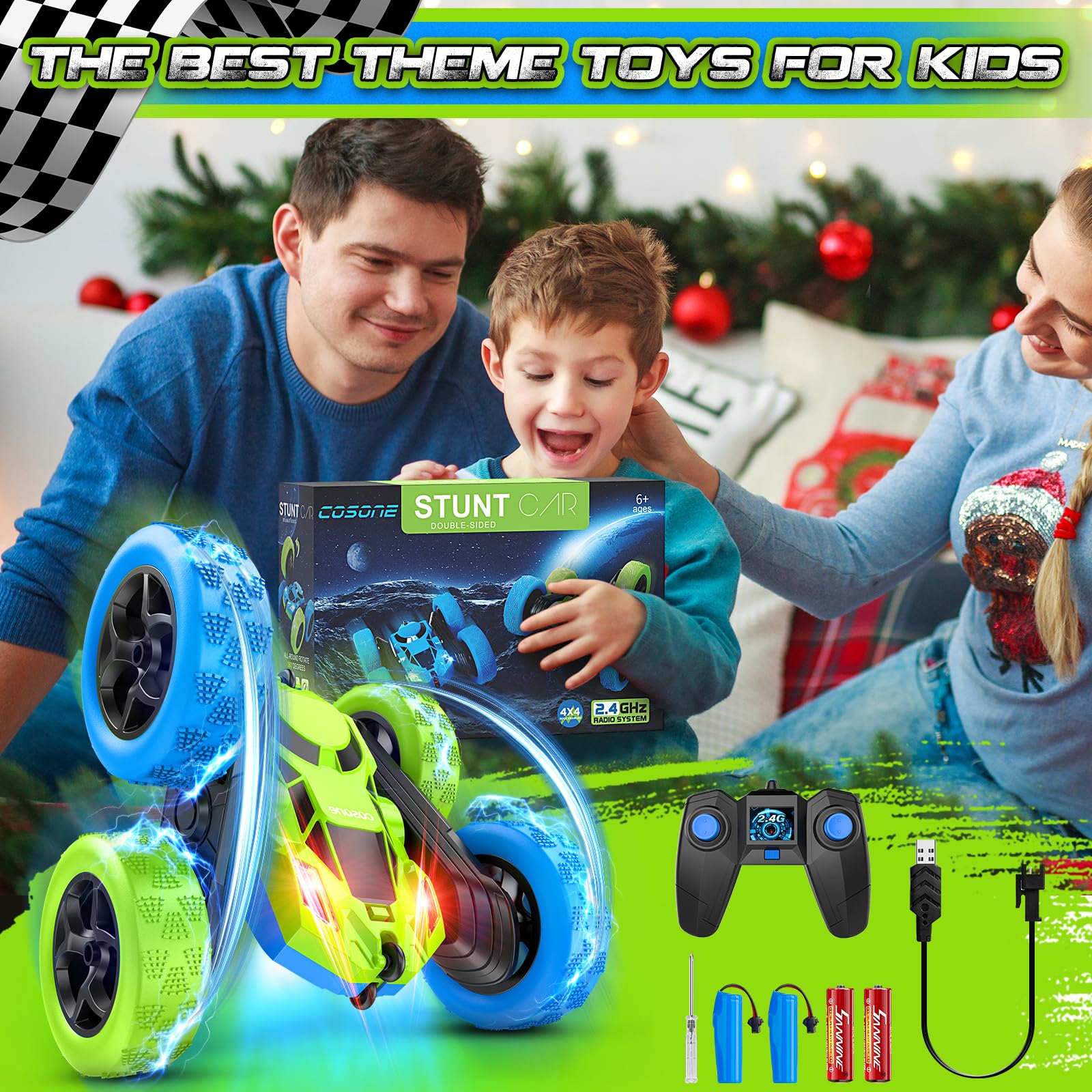 cosone Macchina Telecomandata, Auto RC con Fari 2.4GHZ Auto Giocattolo Telecomandate, 4WD Off Road Stunt Car Doppia Rotazione a 360°, Regali di Compleanno per Ragazzi dai 6 Anni in Su (Blu-Verde)