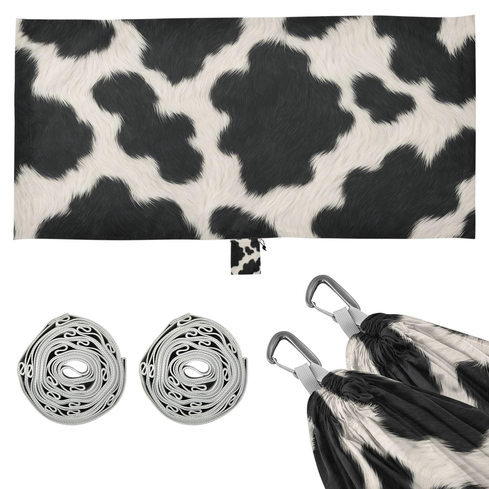 ATTX Black and White Cow Camping Hammock - Lightweight & Portable Hammocks, Heavy Duty 330lbs Capacity for Indoor, Hiking, Backpacking, Travel, Backyard, Beach#153