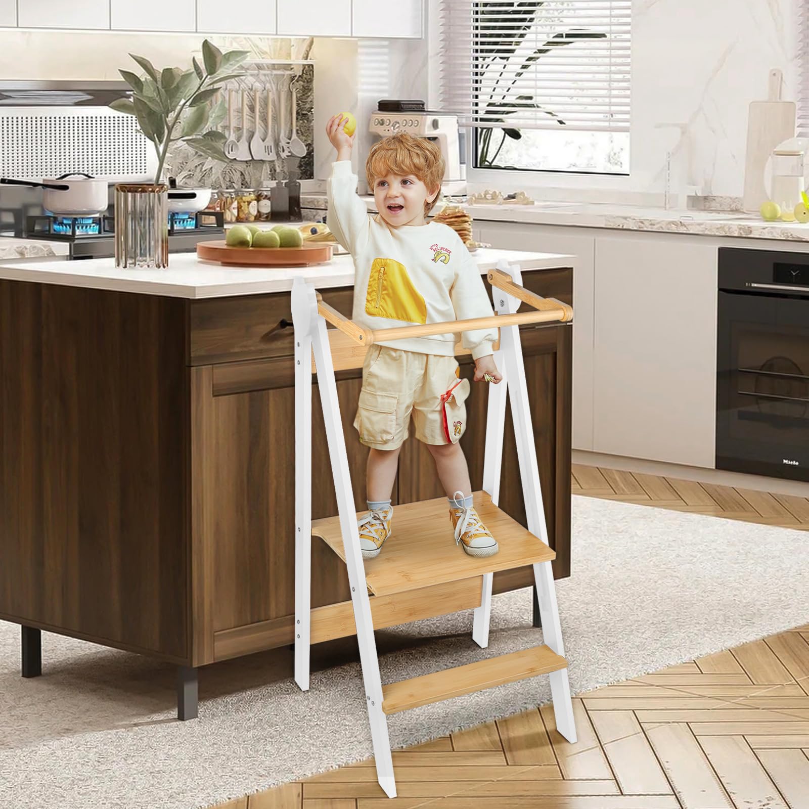 Tour d Observation Enfant Montessori, Tour d'apprentissage à partir de 1 an, Sûr et réglable en Hauteur, Pliable, 88 * 45 * 45cm, Blanc Café