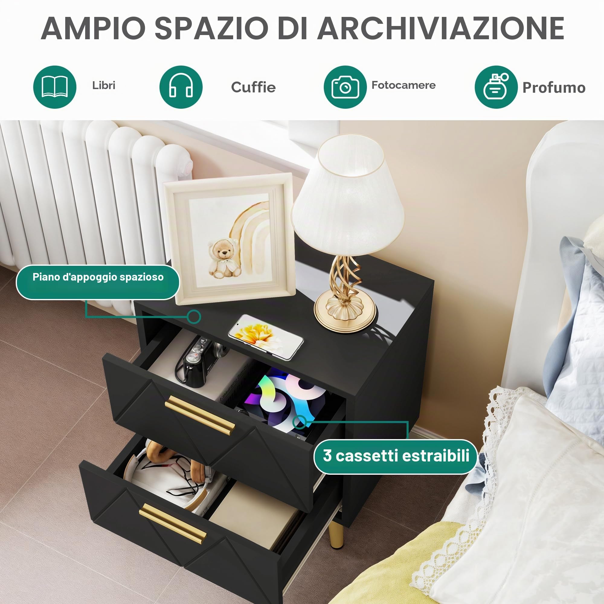 YITAHOME Set di 2 comodini con 2 cassetti, piccolo comodino con contenitore, comodino per soggiorno, camera da letto, ufficio, nero e oro, 40 x 30 x 52 cm, nero e oro