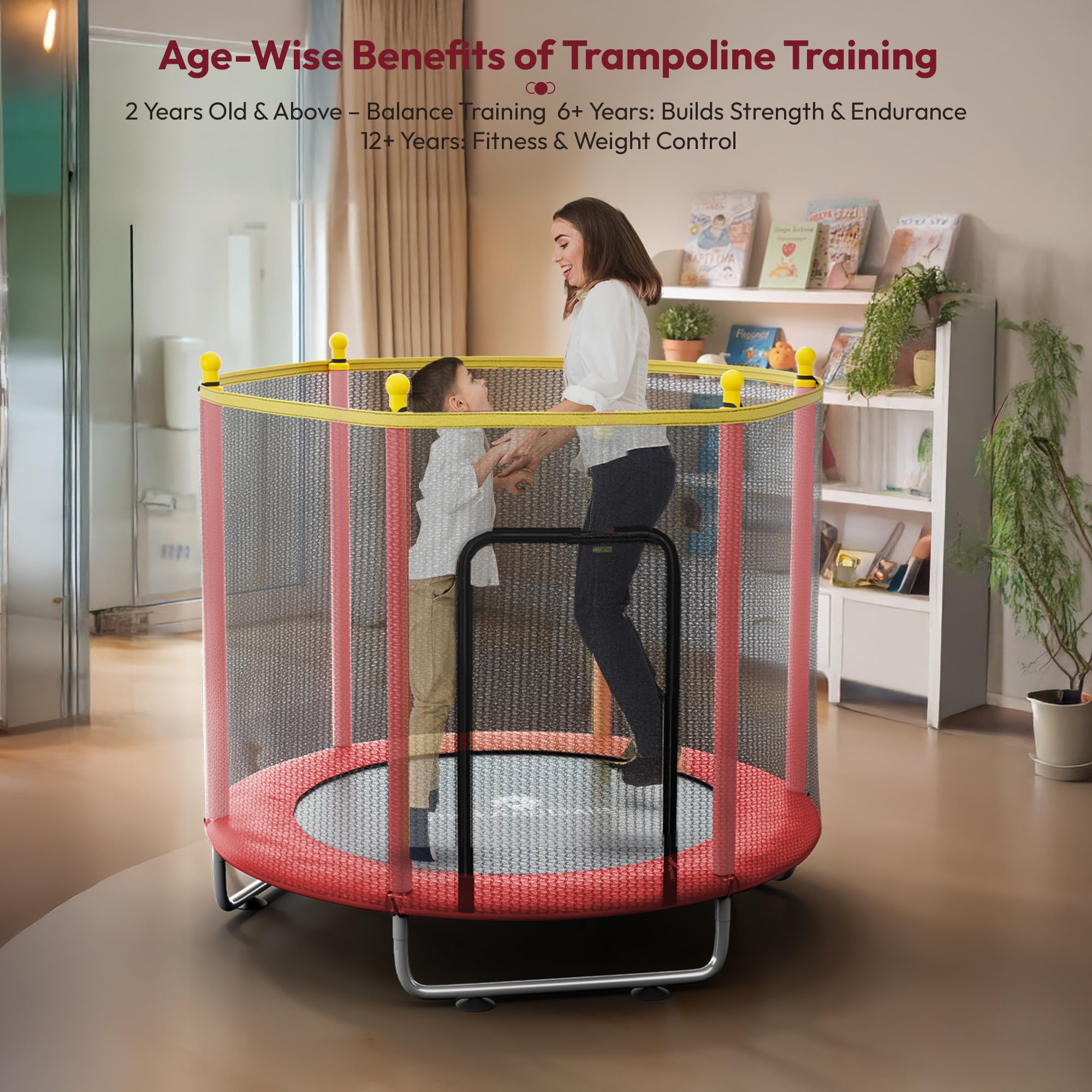 StarAndDaisy Trampoline for Kids at Home with Safety Net/Trampoline for Adults, Indoor & Outdoor / 120KG Loading Capacity with Stainless Steel Frame & Legs -55 inch, 4.5 Feet (Red) - Image 3 thumbnail