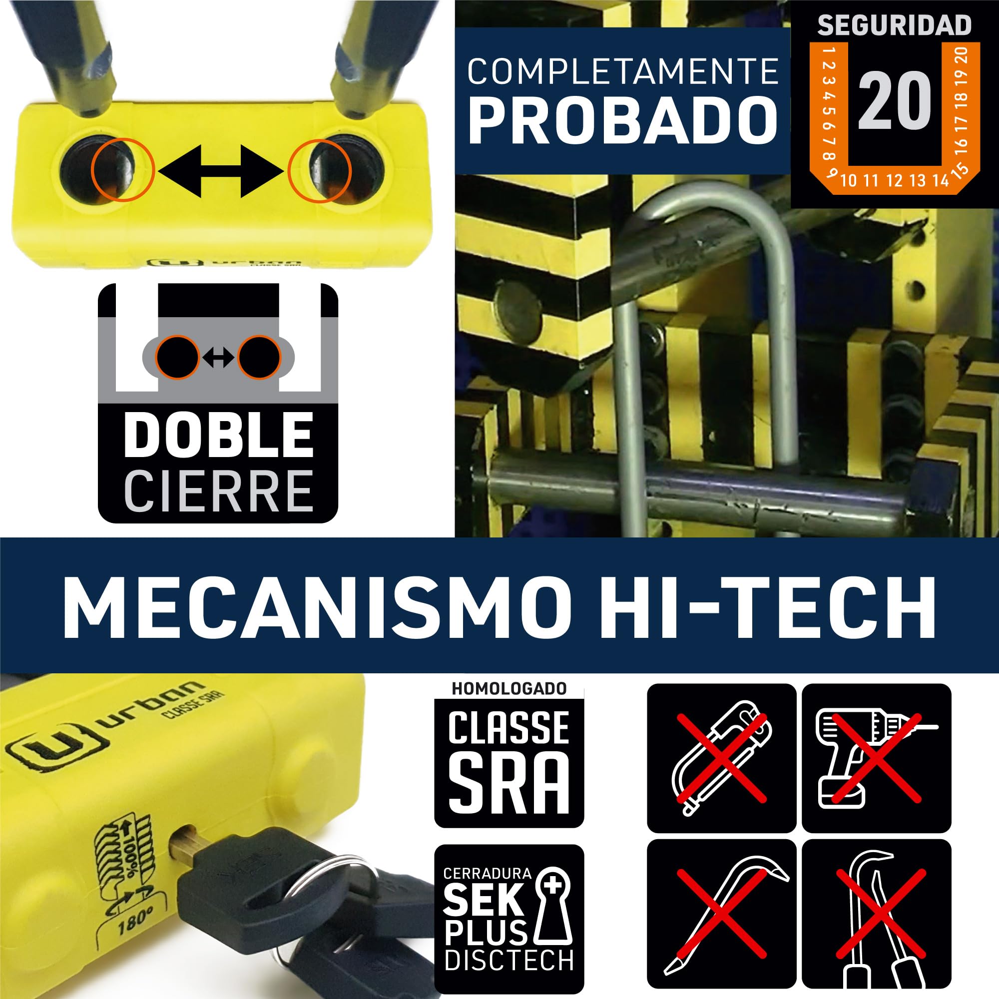 URBAN UR75150 Cadena Candado Antirrobo Pesado ø15mm + Mini U, Alta Seguridad Homologada SRA, 150cm Completamente Testada +Visible, Antirobo Multifunción para Disco Freno, Anclaje, Motocicleta, Parking