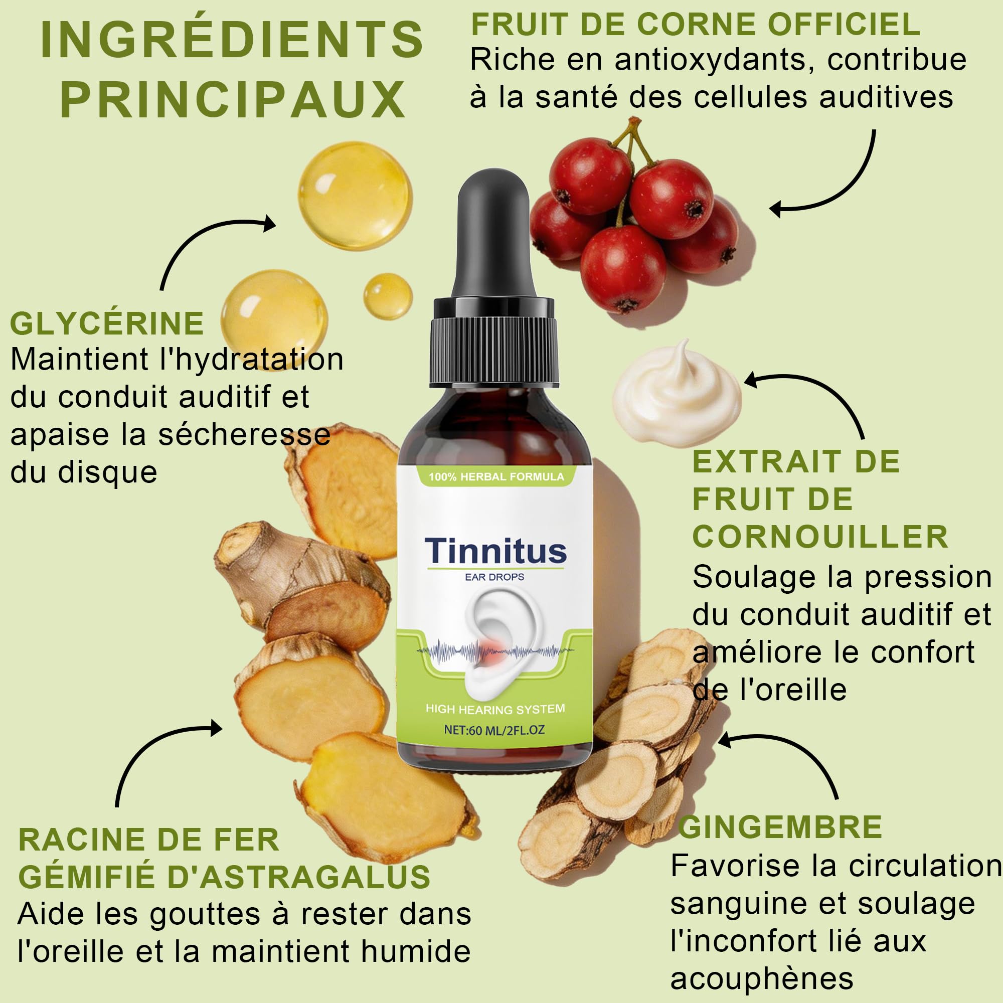 Gouttes pour acouphènes (60 ml) - gouttes auriculaires pour réduire le bruit, apaiser les oreilles bouchées et favoriser une audition claire I soulagement acouphènes, formule douce