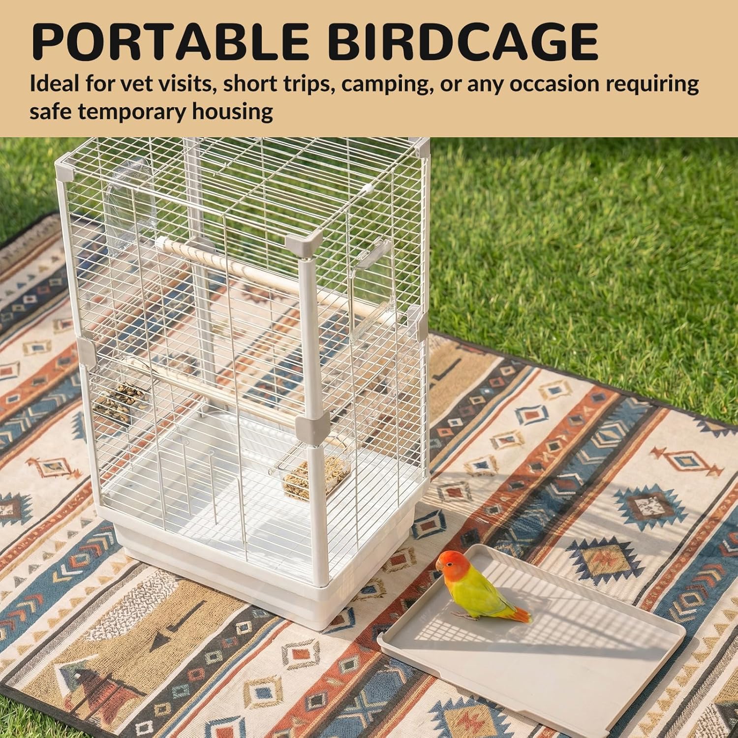 24" Portable Double-Layer Bird Cage, Travel Parrot Carrier with Handle for Vet Visits, Short Trips, White Metal Mesh Cage, for Parakeets, Cockatiels, Lovebirds, Small to Medium Birds