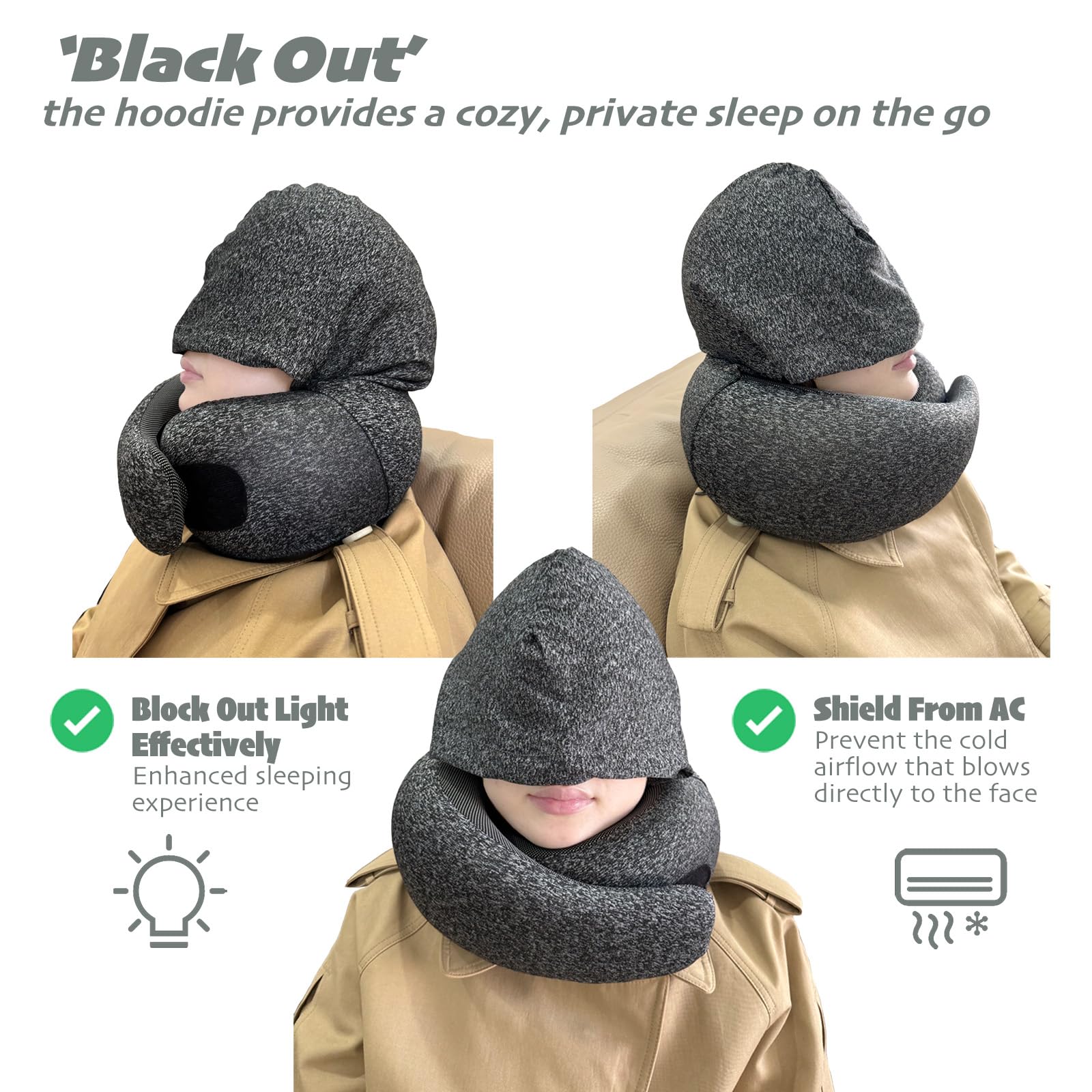 2025 Travel Neck Pillow,Stowable Hood,Ergonomic Neck Pillow Airplane,Premium Memory Foam,360º Support,Adjustable Fit,Washable Cover,Complete Travel Set,for Flight,Car and Office (Bright black)