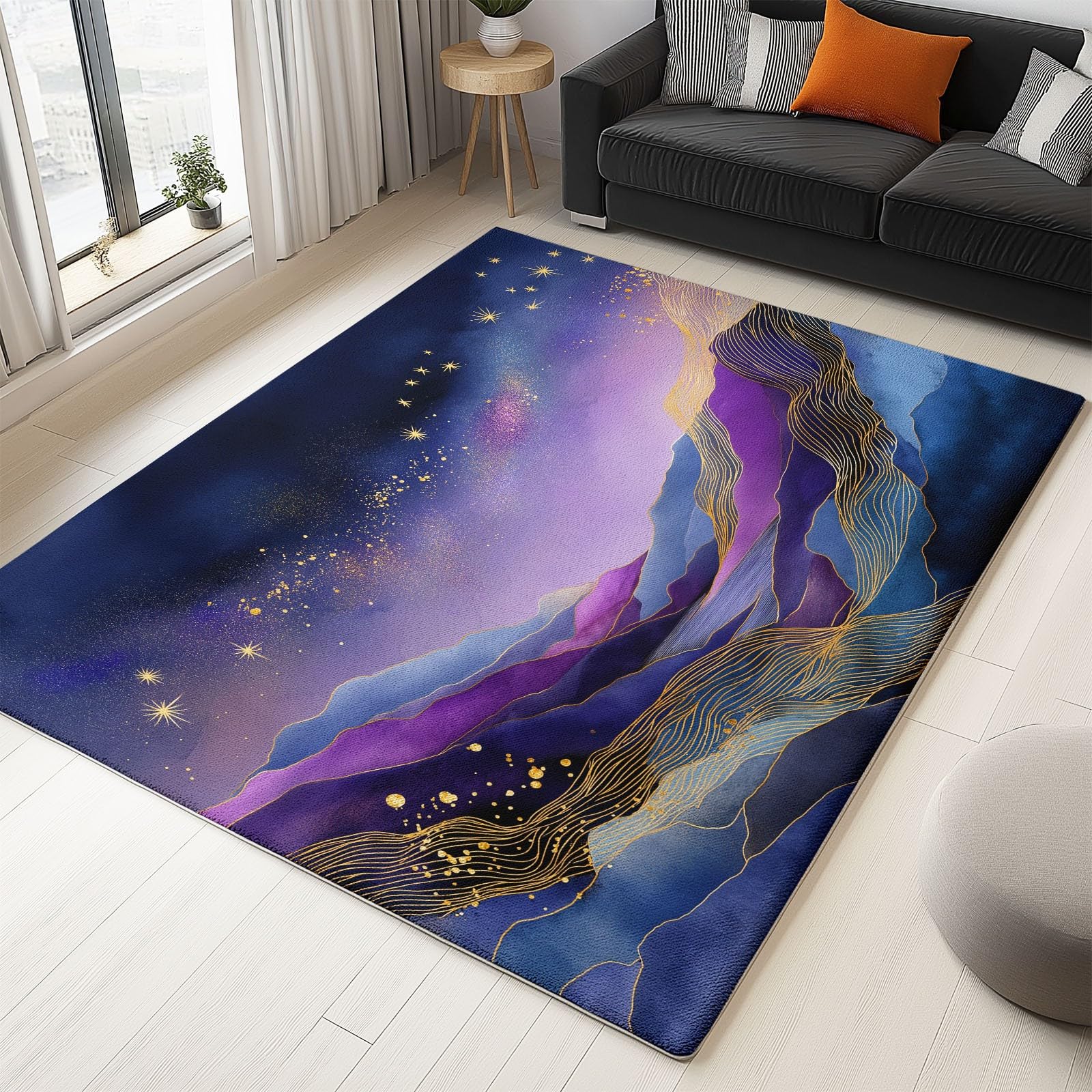 Generico Dywan do salonu z krótkim włosiem 140 x 200 cm można prać w pralce, antypoślizgowy prostokątny górski linie gwiaździste niebo gwiazdy, do dekoracji domu sypialni ciemnofioletowy