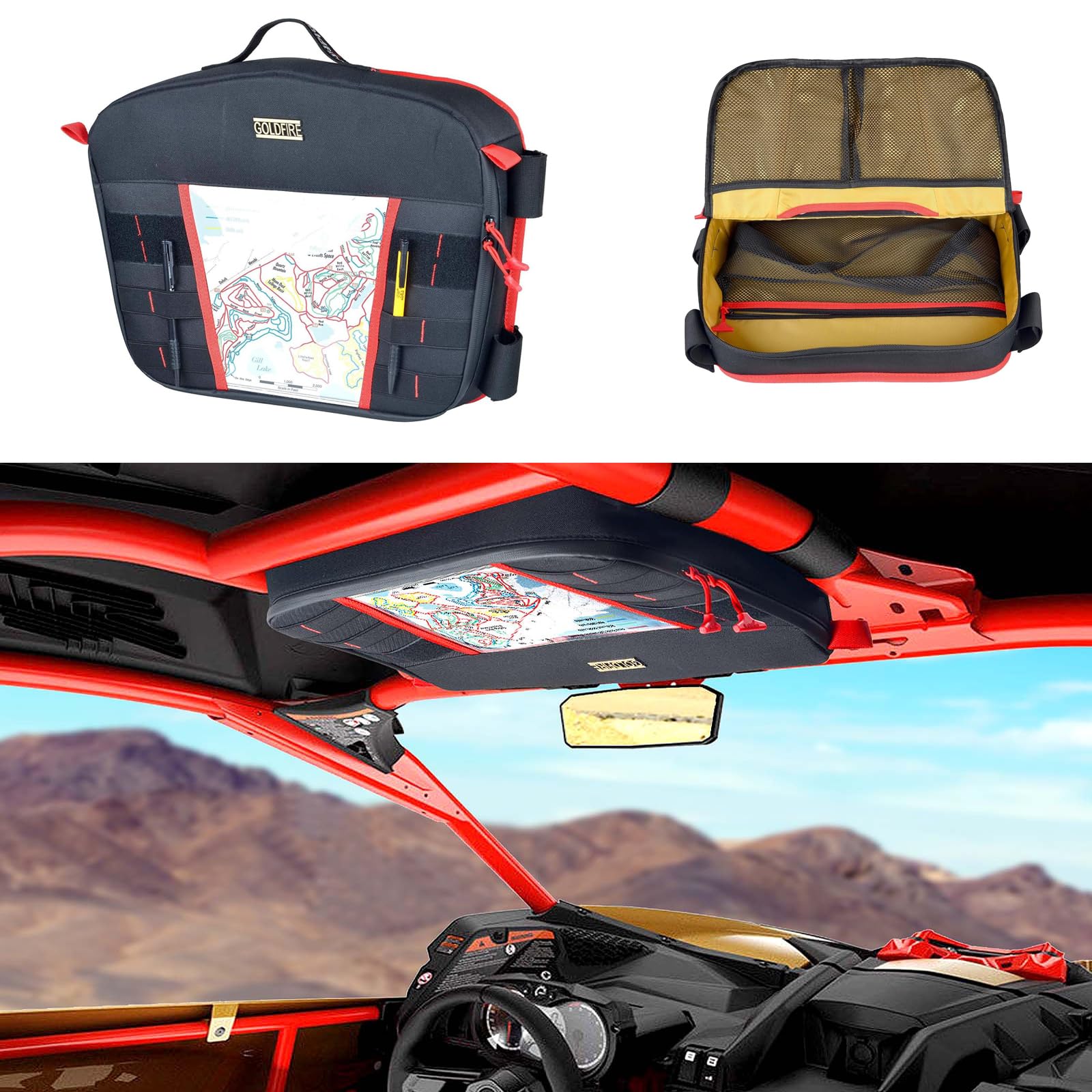 Goldfire Overhead Storage Bag for Can Am Maverick X3, Top Storage bag Water Rsistant Roof Tool Organizer Fits for Maverick X3 Max 2017+ (Red)