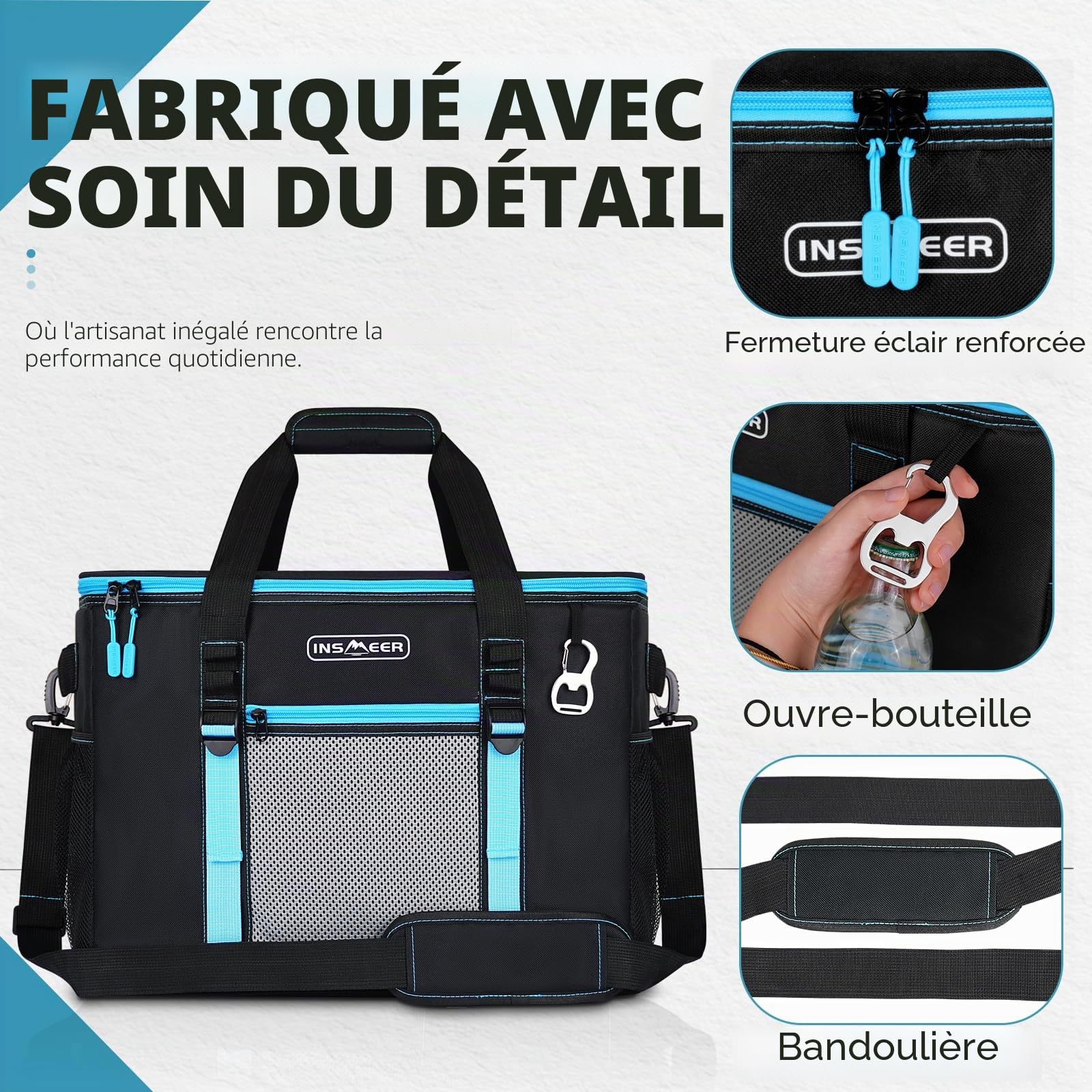 INSMEER Sac isotherme grand 50 L, sacs isothermes pliables pour 80 canettes, étanche/avec ouvre-bouteille intégré, sac de pique-nique/boîte isotherme grande pour camping, plage, pique-nique