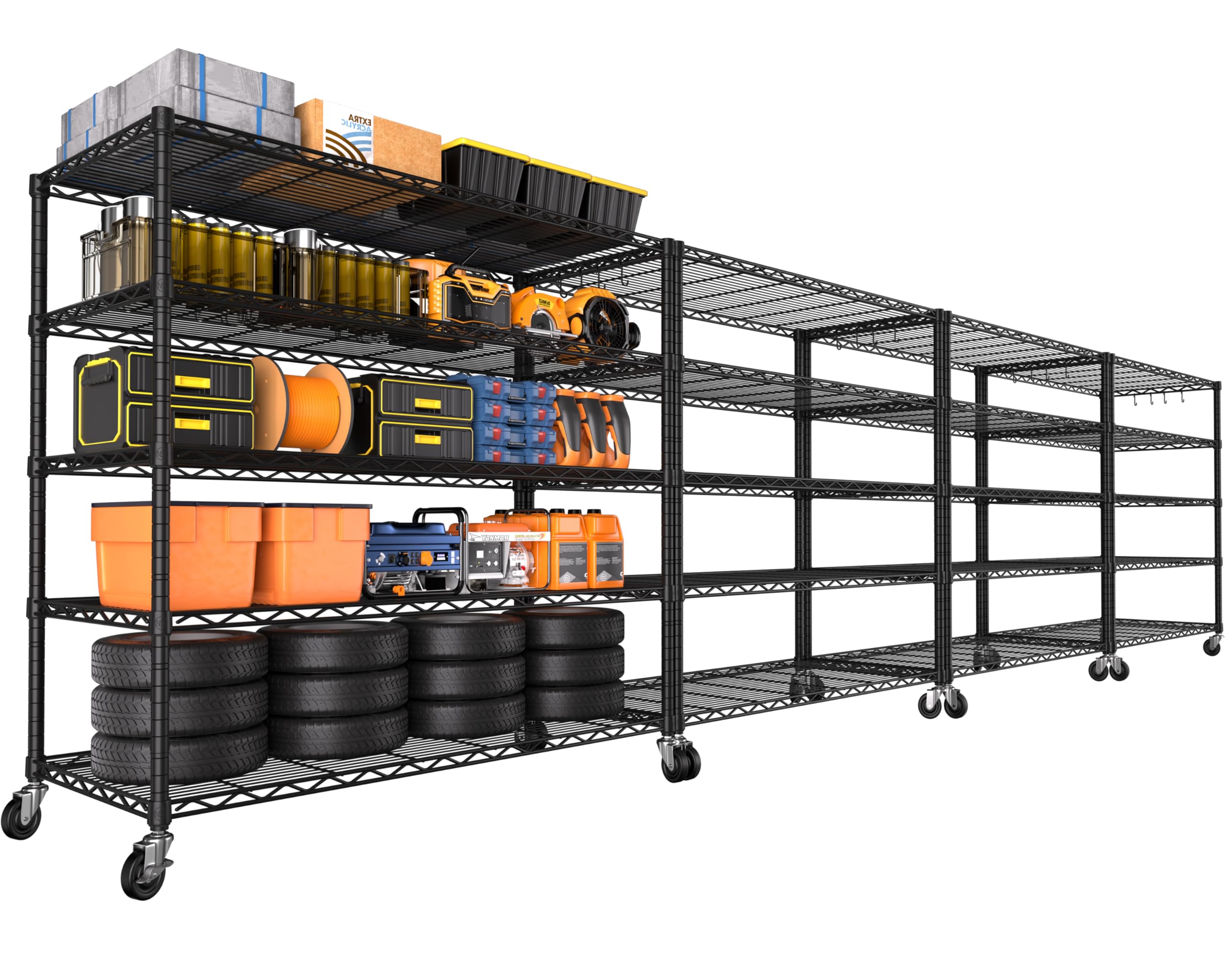 PrimeZone 4 Packs 48" W x 24" D x 81" H Heavy Duty Wire Storage Shelves with Wheels, 5 Tier Adjustable NSF Certified Garage Shelving Unit, Rolling