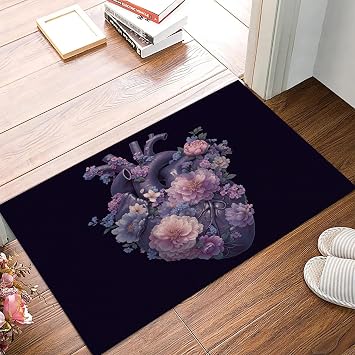 Dirt Trapper Door Mat 40x60cm, Non-Slip Doormat Indoor, Retro Illustration Heart Peony Durable Inside Floor Mat for Entryway, Front Back Door, Muddy Wet Shoes and Paws, Purple