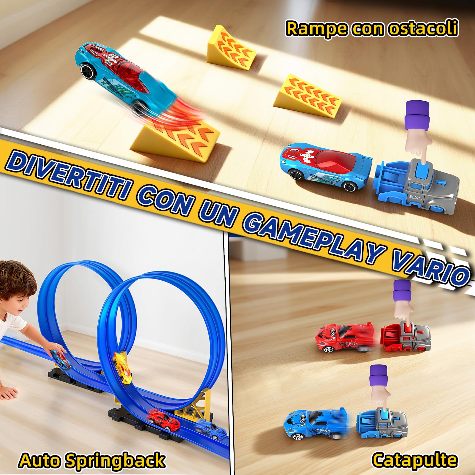 Charmofun Pista Macchinine Flessibile 5M, Giocattolo Piste da Corsa con 4 Auto, Borsa con 4 auto, 2 lanciatori, 8 rampe triangolari e 8 ventose, Portatile Pista per Bambini 3+ Anni (Blu)