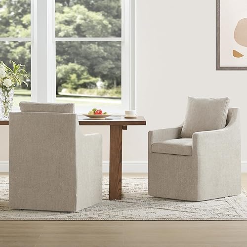 Miniatura 11 de Sillas de comedor tapizadas con ruedas, cubierta lavable, silla de escritorio lateral con rodillos para comedor, sala de estar, beige crema, 1 caja
