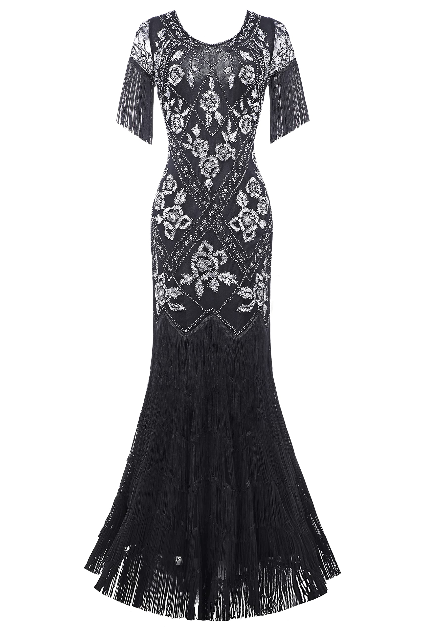 Babeyond Abito da donna anni ‘20 con scollo a V, abito da sera con paillettes e perline, maxi abito per matrimonio, nero e argento