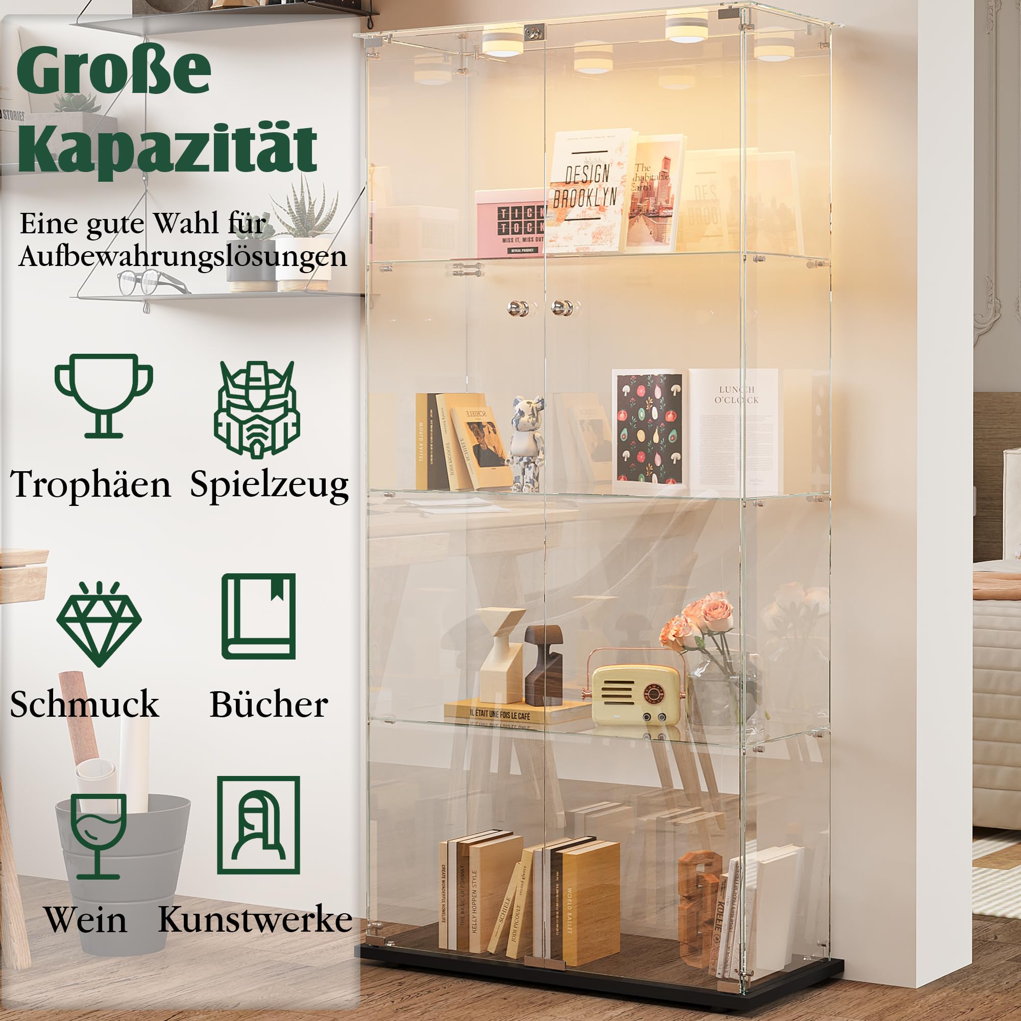 Szklana witryna stojąca z diodami LED, witryna stojąca z 4 półkami i 2 szklanymi drzwiami, zamykana, szafka z witryną do salonu, biura, kolekcjonerska, książki, wino, czarna