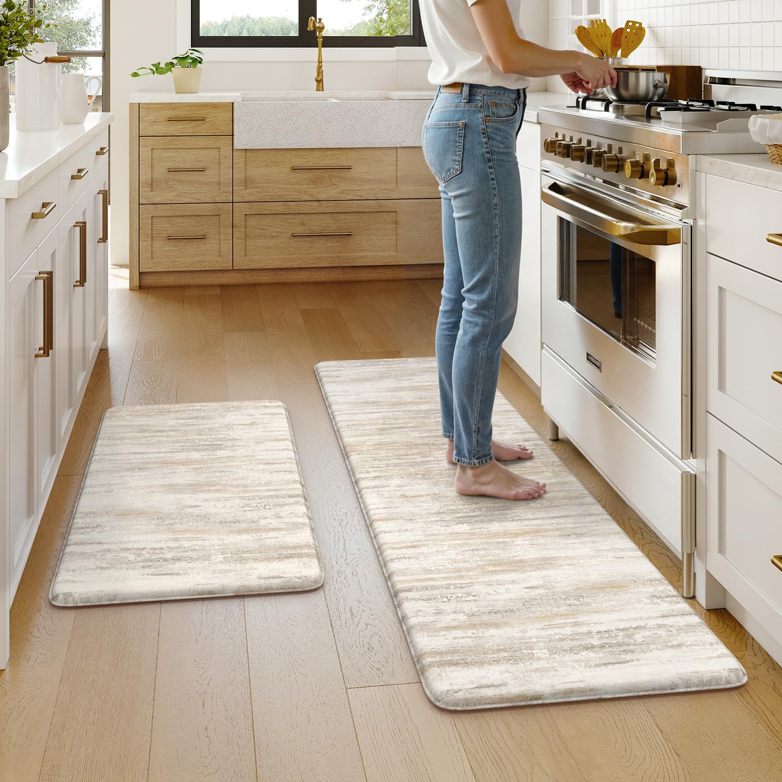 KIMODE Anti Fatigue Kitchen Mats for Floor, Farmhouse Brown Kitchen Rugs Sets of 2, Summer Cushioned Kitchen Floor Mats, Comfort Standing Mats for Sink Laundry Office Desk 20"x59"+20"x32"