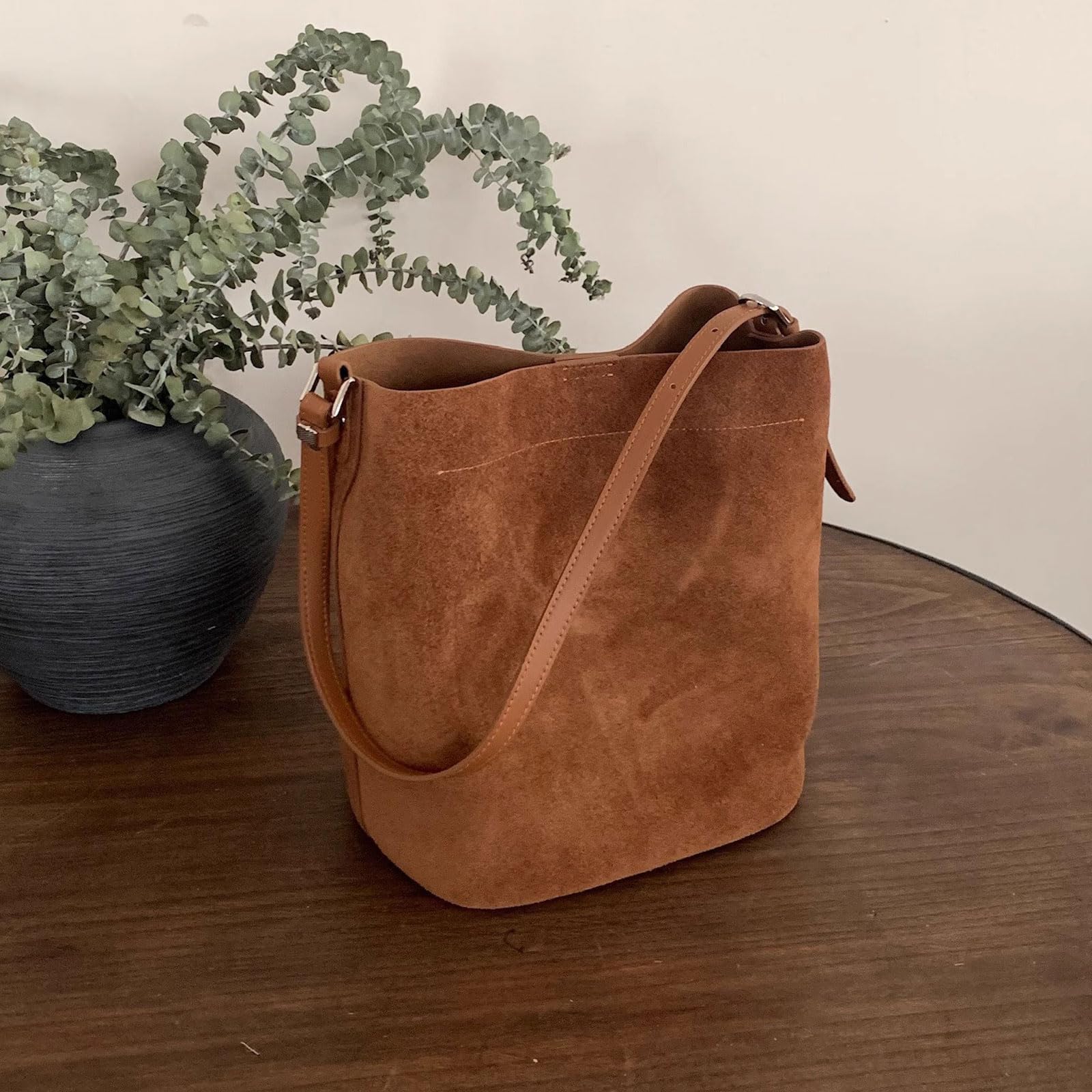 Borsa a tracolla in morbida pelle scamosciata, borsa a secchiello, borsa a tracolla, borsa a tracolla in pelle scamosciata per donna, marrone,Marrone