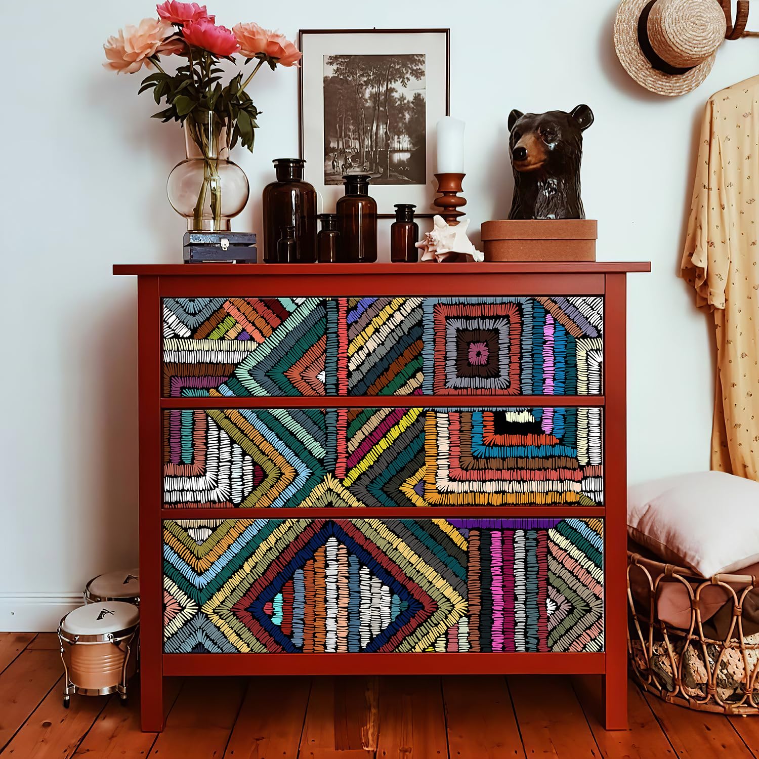 Retro teksturowana tapeta odklej i przyklej, geometryczna, patchworkowa, kolorowa, mozaika, tapeta do łazienki, abstrakcyjne wzory, zdejmowana tapeta, papier kontaktowy (kolorowy blok, 43 cm x 1,000