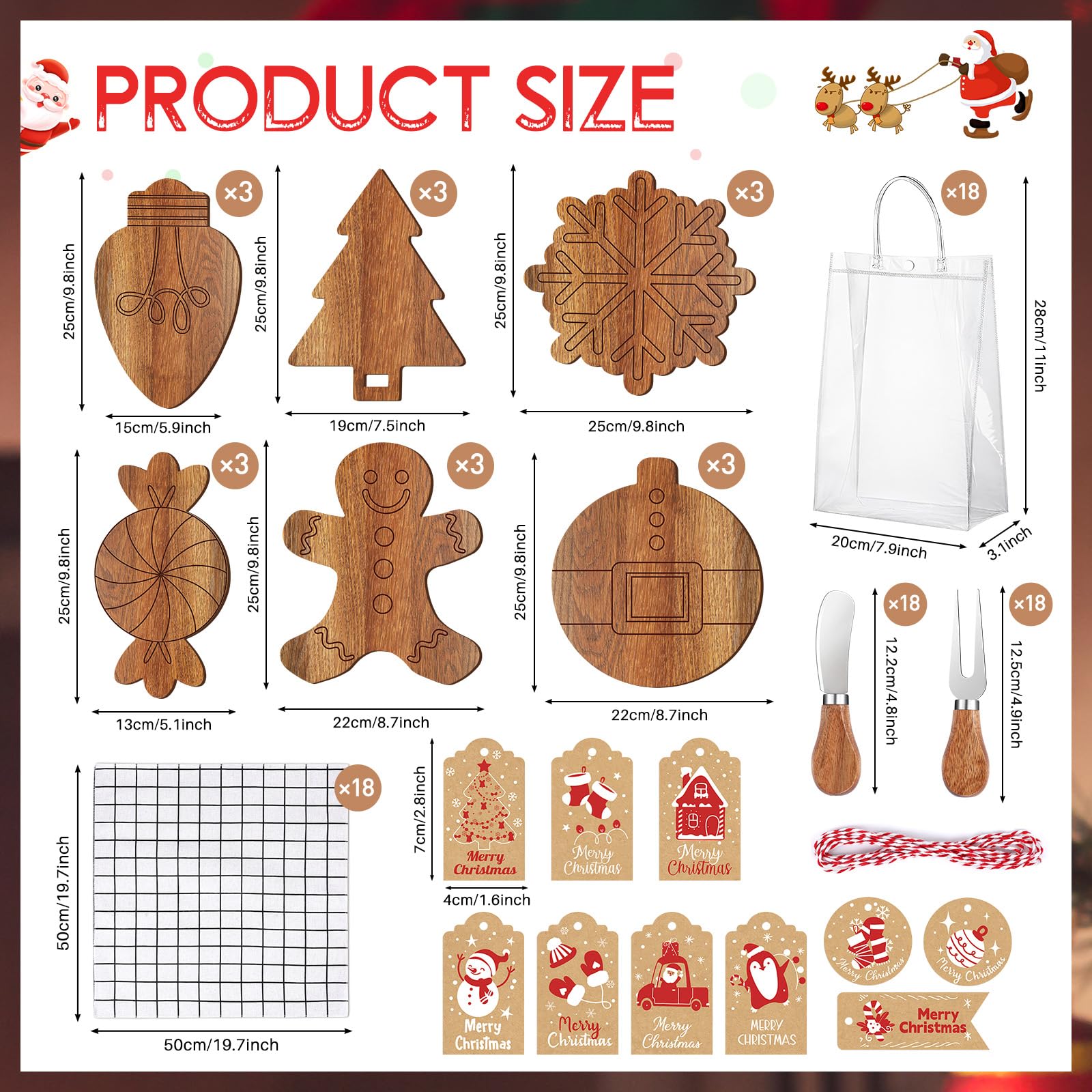 18-teiliges Set Weihnachtsgeschenke Brautdusche Gastgeschenk Weihnachten Süßigkeiten Schneeflocke Akazie Holz Schneidebrett Geschenkset Käsemesser Mini Käsebrett Weihnachtsanhänger für Winter Home