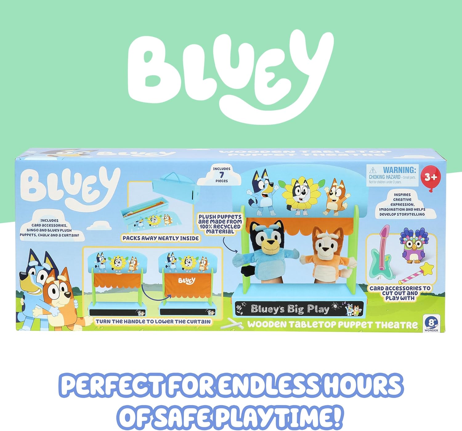 Bluey Wooden Puppet Theater for Kids Playset, 20" Kids Pretend Stage Puppets, Interchangeable Fabric Backdrops & Roll-Down Curtain