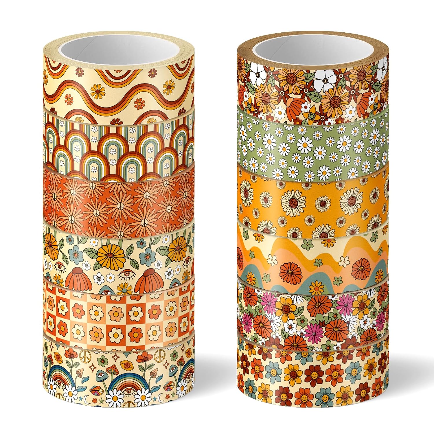 Whaline 12 Roll Boho Floral Washi Tape Retro Flowers Rainbow Paper Adhesive Stickers for Scrapbook Gift Wrapping DIY Art Crafts, 16.4Ft