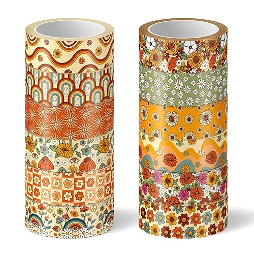 Whaline 12 rollos de cinta Washi floral bohemia, flores retro, arco iris, calcomanías adhesivas de papel para álbumes de recortes, envoltura de