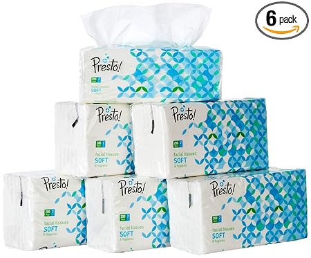 Amazon Brand - Presto! 2 Ply Facial Tissue Soft Pack - 200 Pulls (Pack of 6)