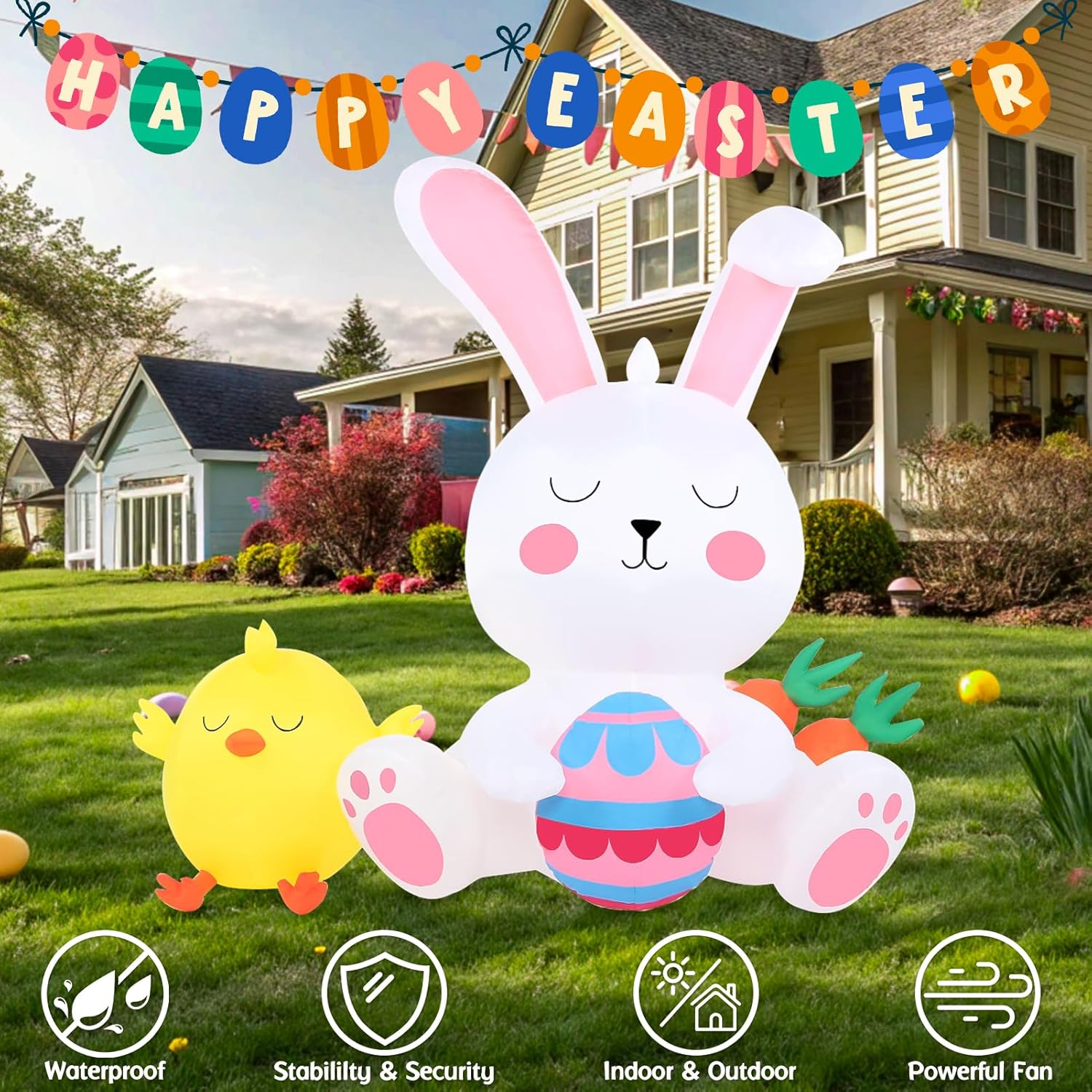 LETIME 5FT Easter Inflatables Outdoor Decorations LED Lighted Inflatable Bunny Chick Blow ups with Carrot Egg for Outside Yard Party Garden Lawn