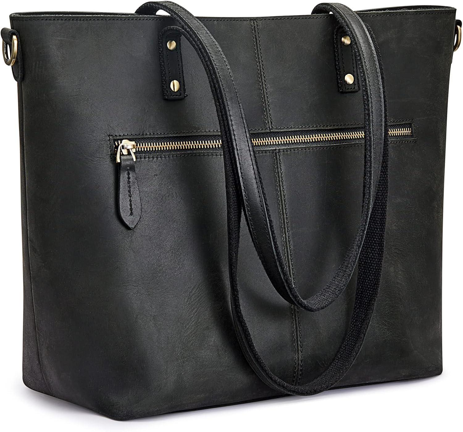 S-ZONE Genuine Leather Tote Bag for Women Vintage Shoulder Purse Work Handbag with Front Pockets