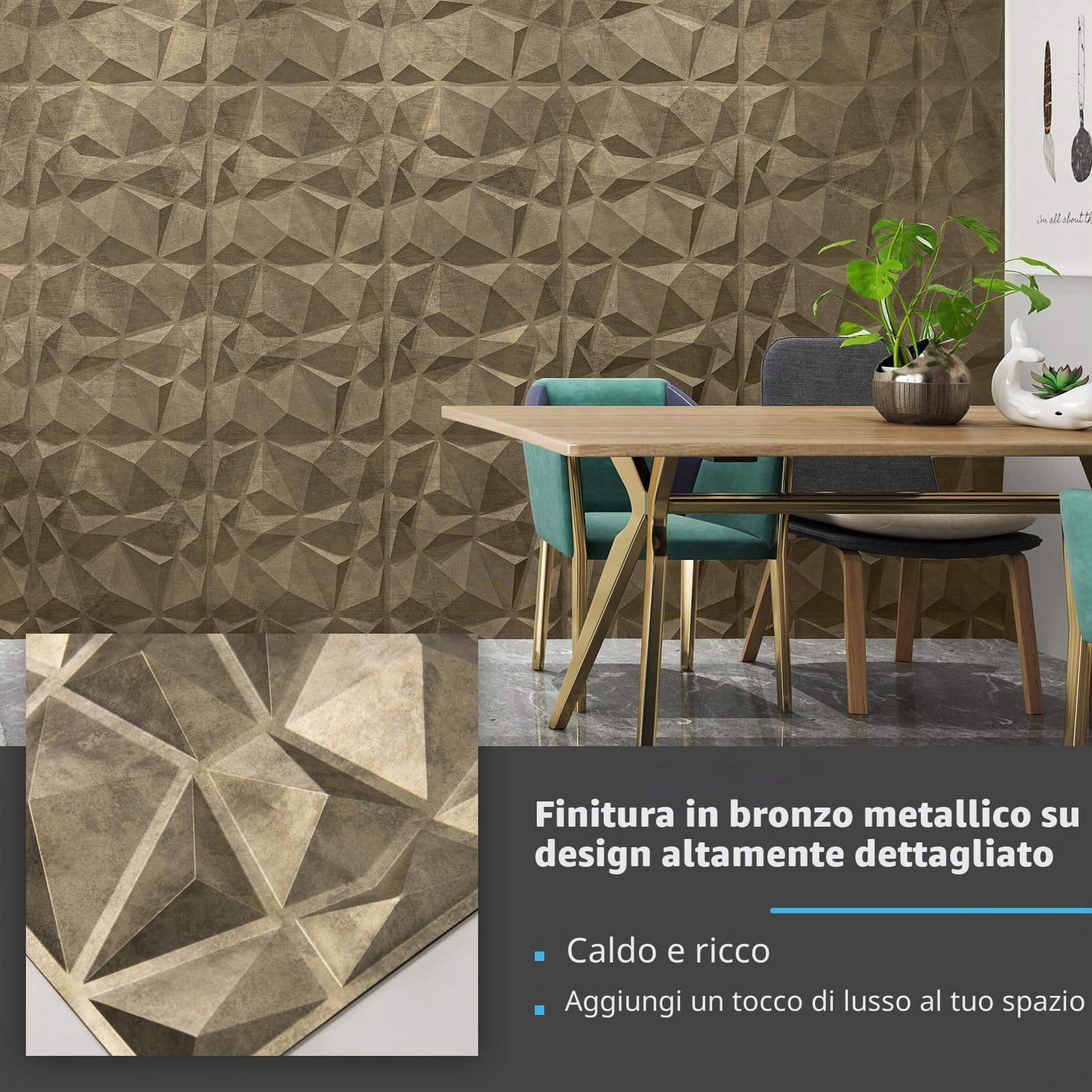 Art3d Textures - Pannelli da parete 3D con motivo a rombi in oro antico, per decorazione di pareti interne, confezione da 12 piastrelle da 3㎡ (PVC) | 12 Pezzi, PVC Rigido, 3 m², 50 x 50 cm | Impermeabile, Inodore | Ideale per Soggiorno, TV, Ufficio e Soff
